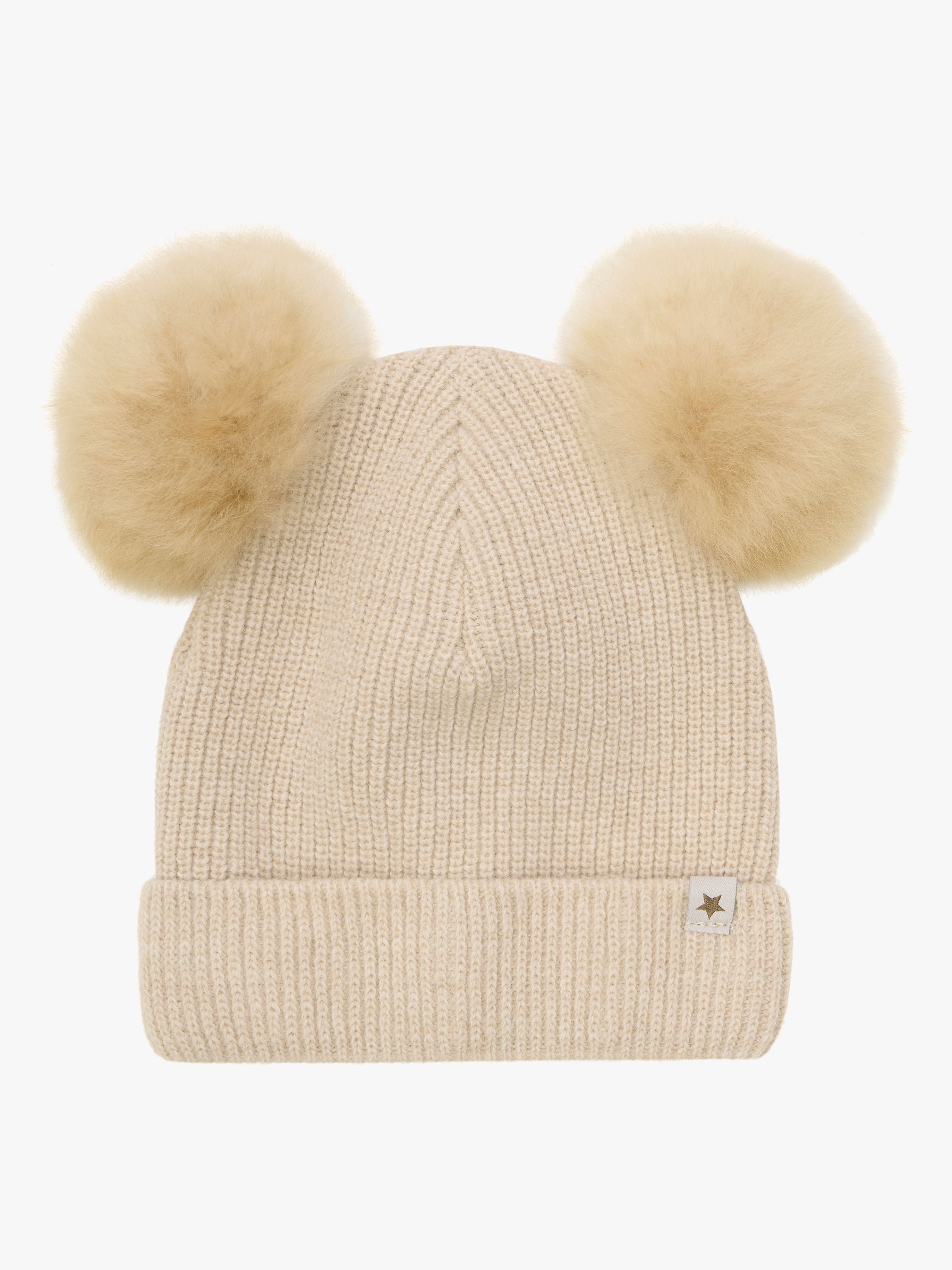 Huttelihut Mössa Merinoull med Pompoms Alpacka, Sand Melange, 50