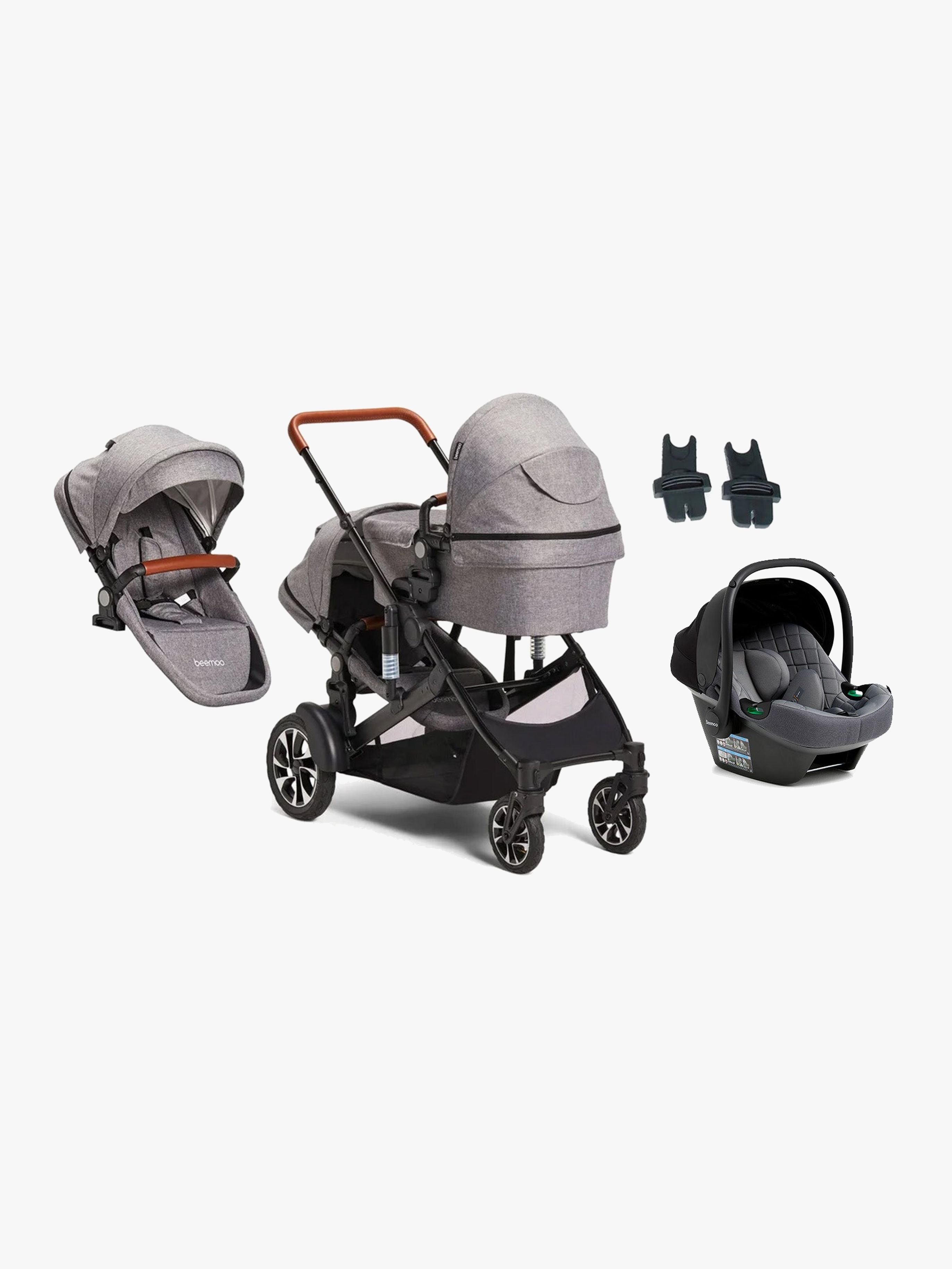 Beemoo Maxi 4 Twin Syskonvagn Inkl. Syskonsits &  Beemoo Route i-Size Babyskydd, Grey/Mineral Grey