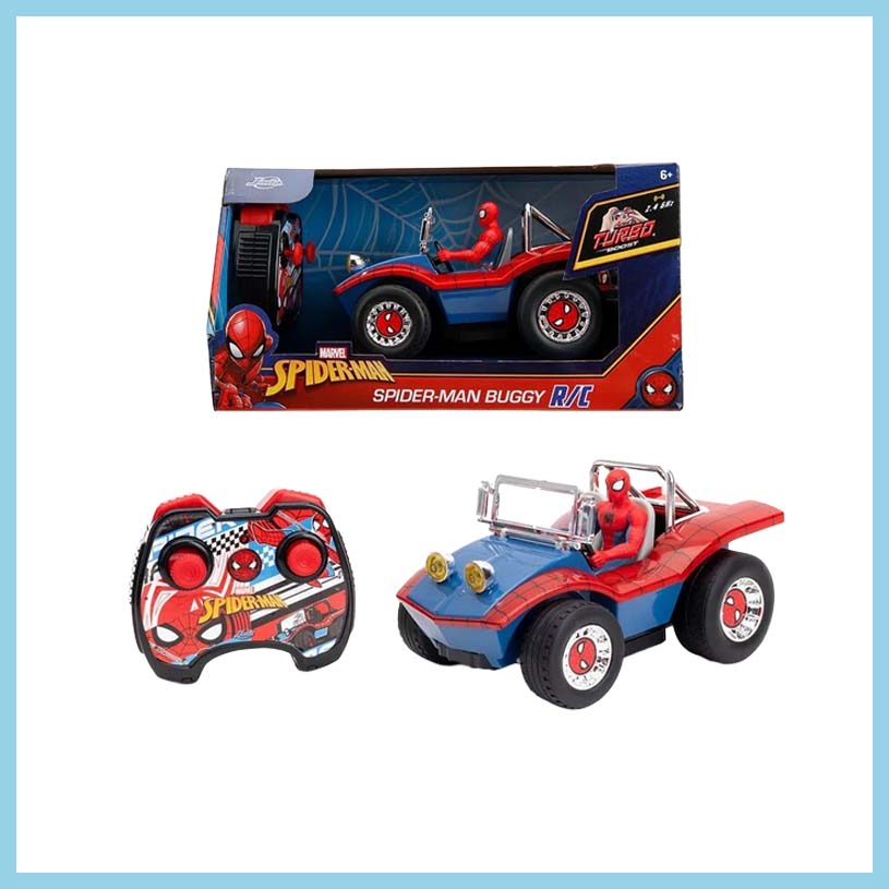 Spider-Man buggy med fjärrkontroll, med texten 'SPIDER-MAN BUGGY R/C'.
