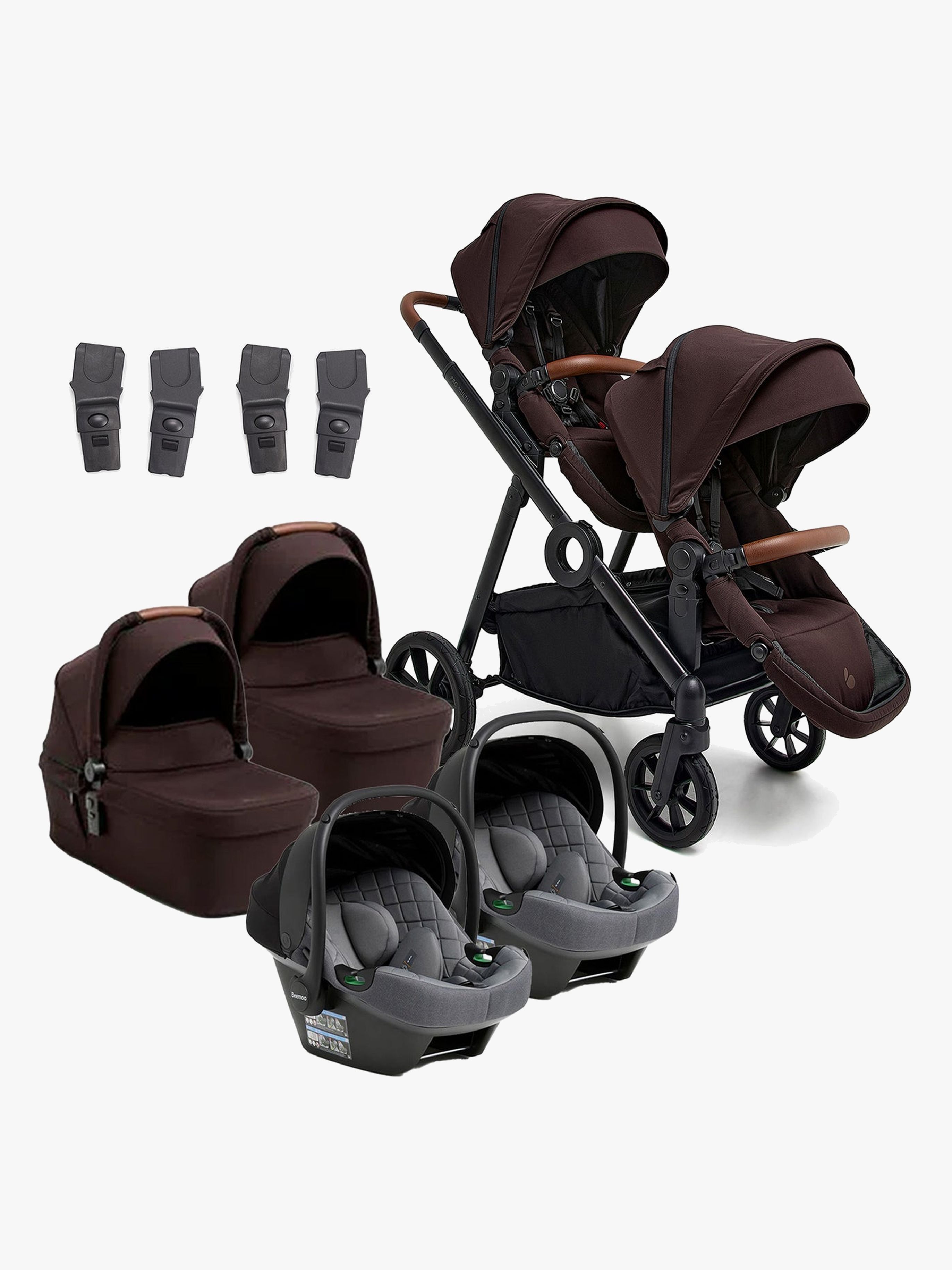 Beemoo Pro Multi 2 Tvillingvagn Inkl. Route i-Size Babyskydd, Espresso Brown/Mineral Grey