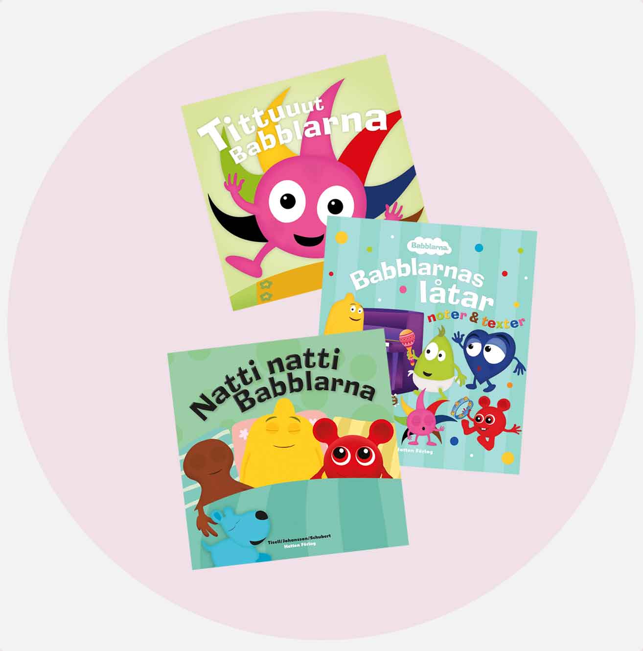 Tre Babblarna-böcker med färgglada omslag, inklusive 'Tittut', 'Babblarnas låtar' och 'Natti natti'.