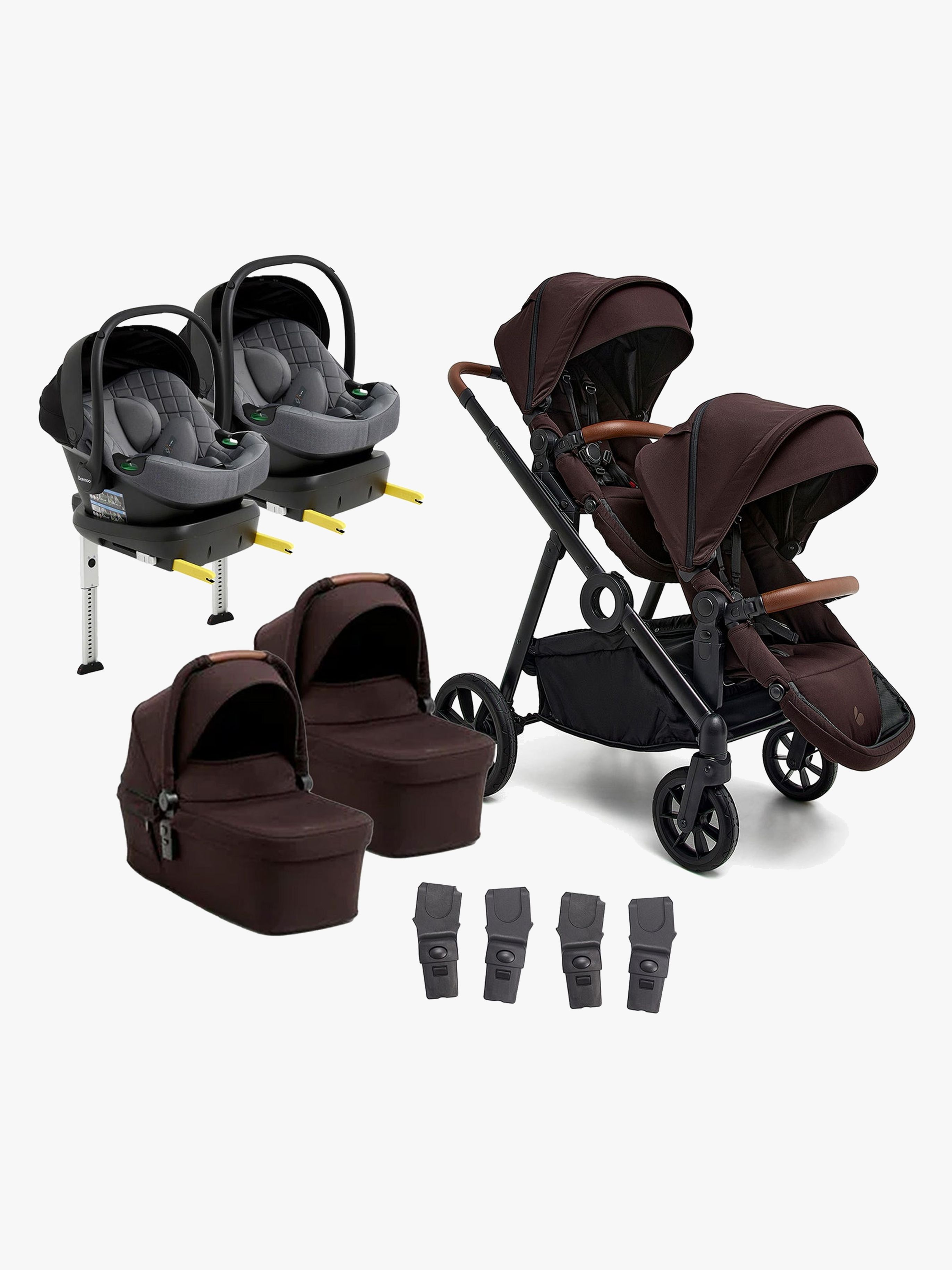 Beemoo Pro Multi 2 Tvillingvagn Inkl. Route i-Size Babyskydd &  Bas, Espresso Brown/Mineral Grey