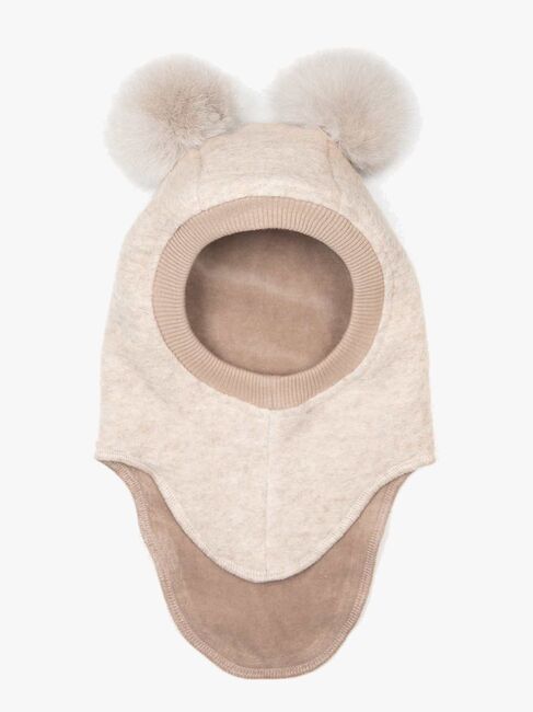 Huttelihut Balaklava Merinoull med Pompoms, Sand Melange