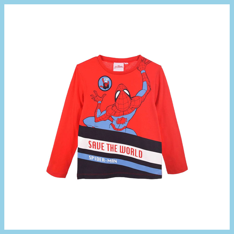Röd T-shirt med Spider-Man och texten 'SAVE THE WORLD'.