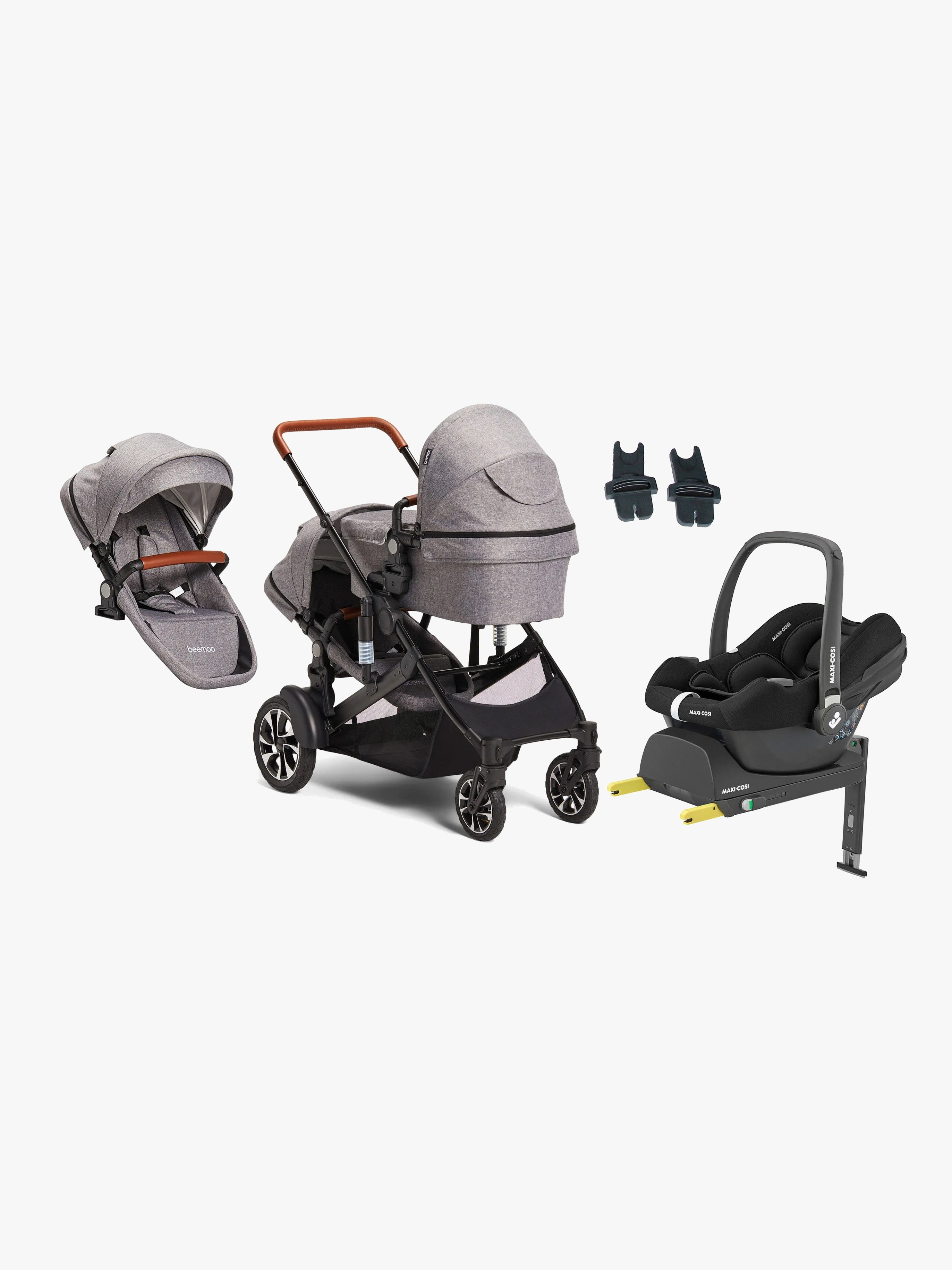 Beemoo Maxi 4 Twin Syskonvagn Inkl. Syskonsits &  Maxi-Cosi CabrioFix Babyskydd &  Bas Grey