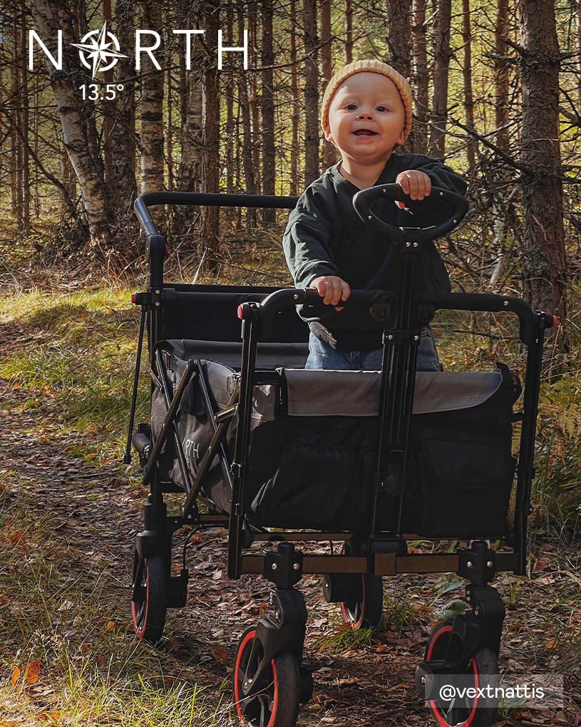 Barn står i en vagn på en skogsstig med texten 'NORTH 13.5°'.