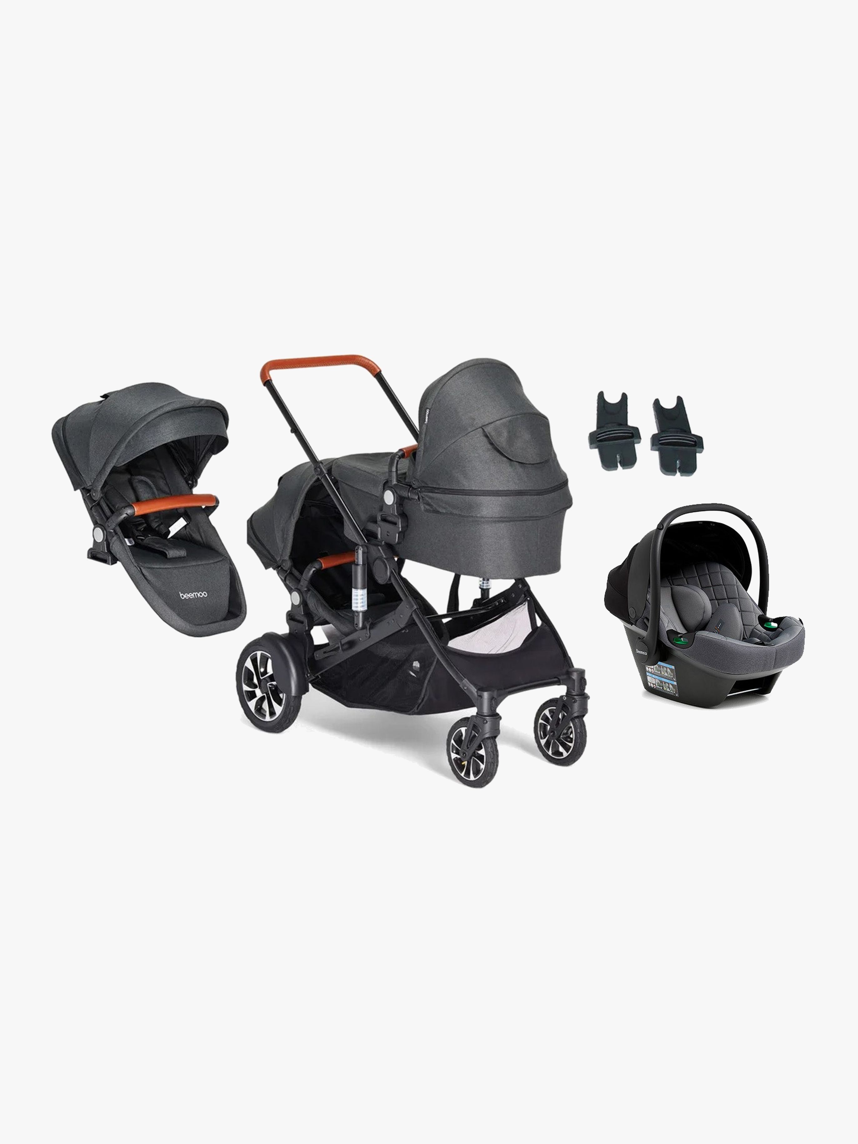 Beemoo Maxi 4 Twin Syskonvagn Inkl. Syskonsits &  Beemoo Route i-Size Babyskydd, Black/Mineral Grey