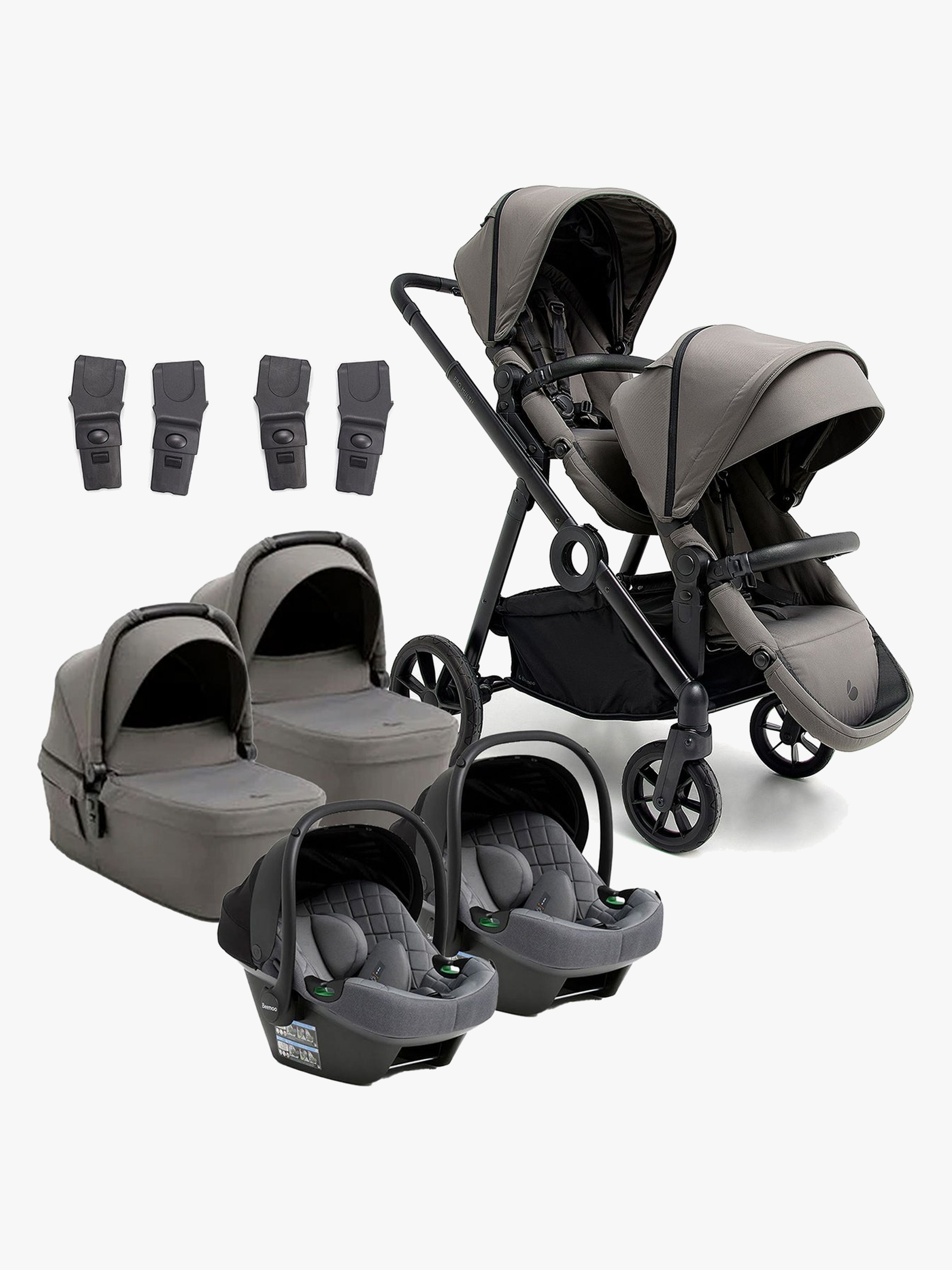 Beemoo Pro Multi 2 Tvillingvagn Inkl. Route i-Size Babyskydd, Mocha Grey/Mineral Grey