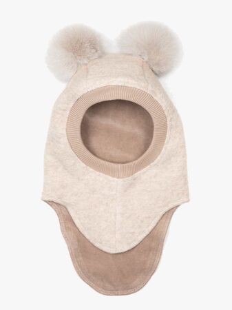 Huttelihut Balaklava Merinoull med Pompoms, Sand Melange