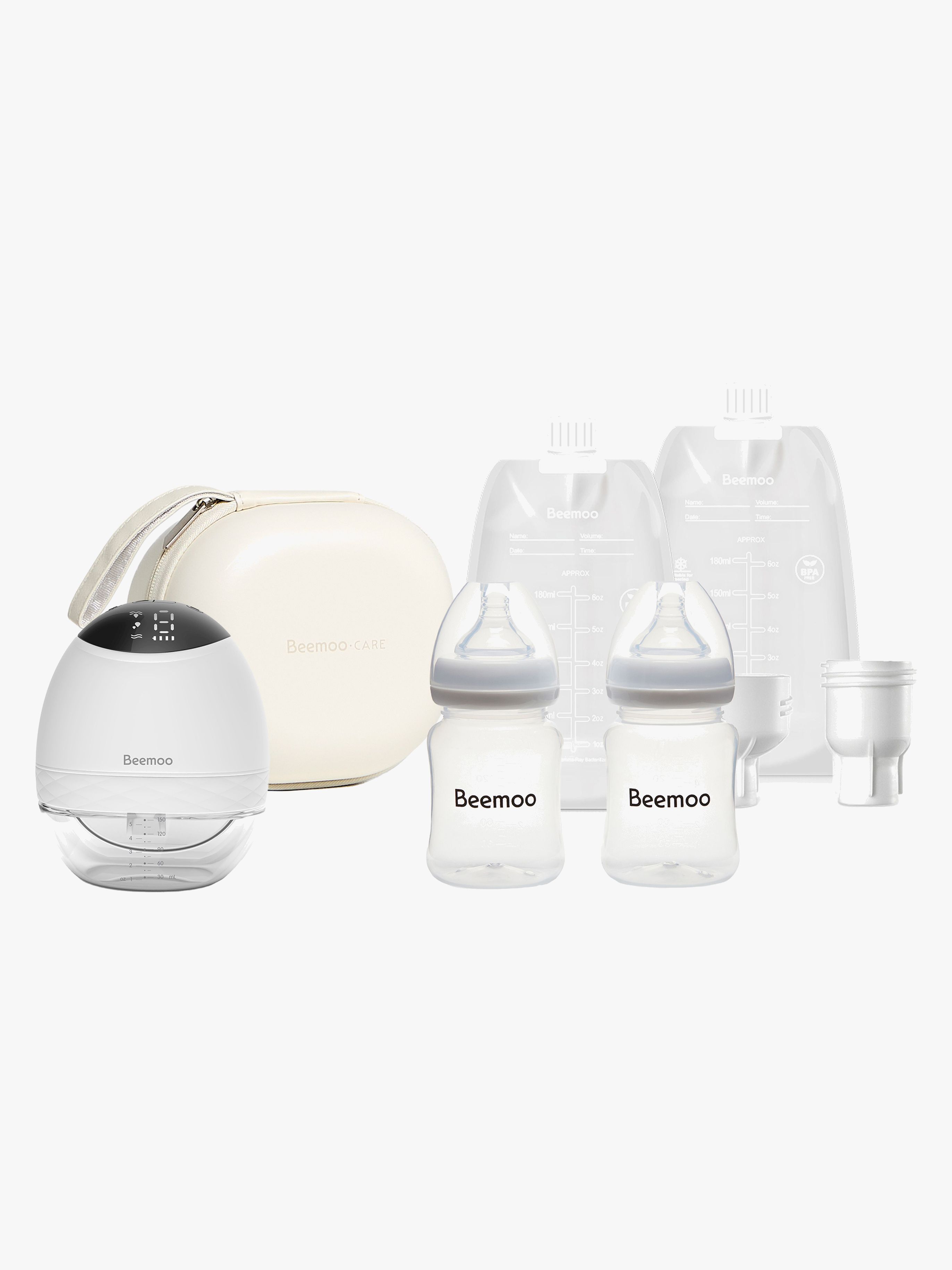 Beemoo CARE Wearable LED Elektrisk Bröstpump Singel inkl. Bröstmjölkspåsar, Bröstmjölksflaska &  Förvaringsväska