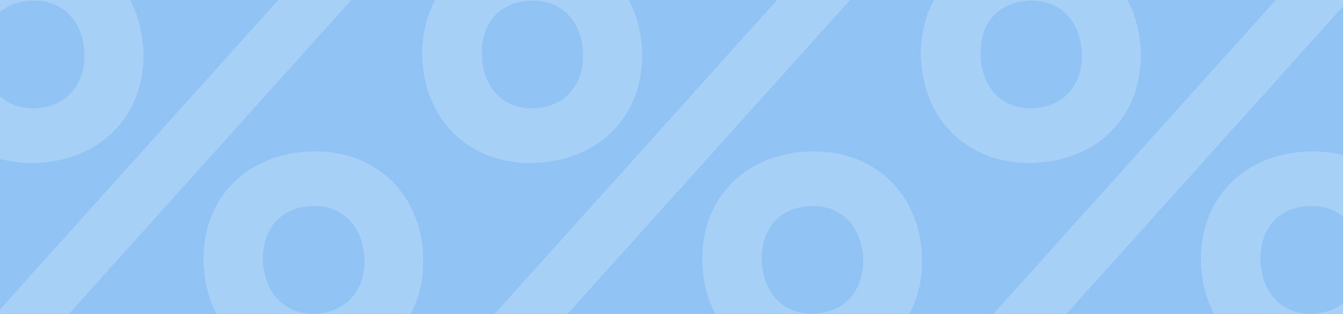 Ljusblå bakgrund med stora procenttecken, mjuka former och rund symbol med leende ansikte