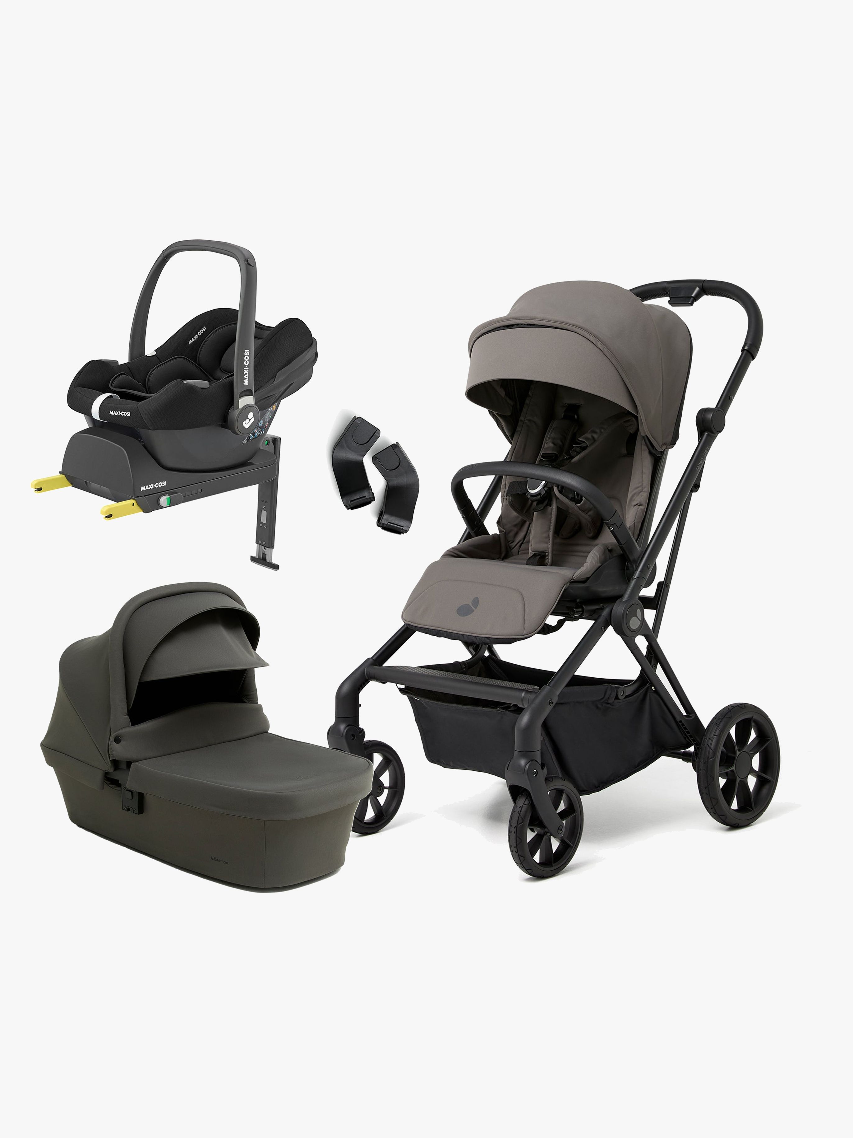 Beemoo Pro Twist Duovagn Inkl. MaxiCosi CabrioFix Babyskydd &  Bas, Mocha Grey/Essential Black