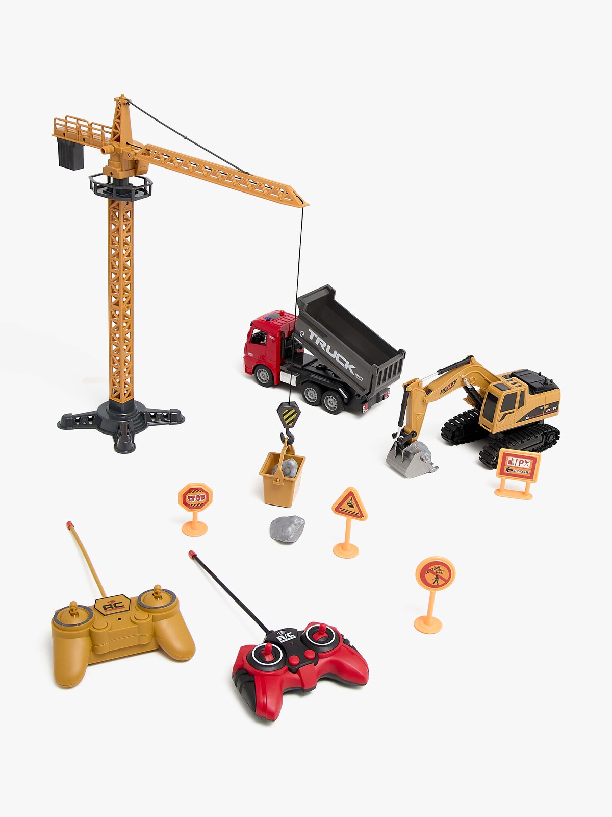 Alex's Garage Lekset med Radiostyrd Grävmaskin, Lastbil & Manuell Lyftkran 42 cm