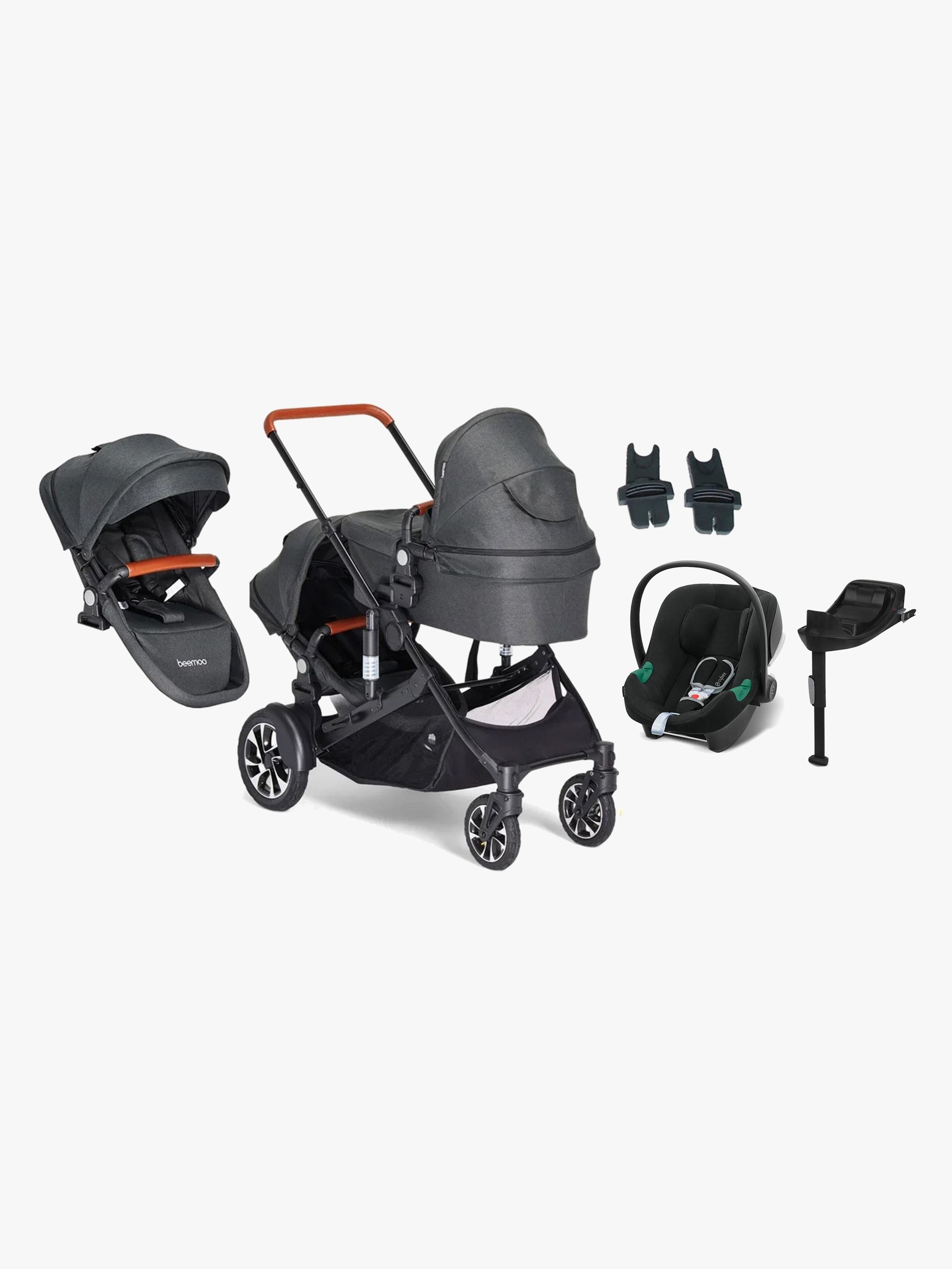 Beemoo Maxi 4 Twin Syskonvagn Inkl. Syskonsits &  Cybex Aton B2 Babyskydd &  Bas, Black/Volcano Black