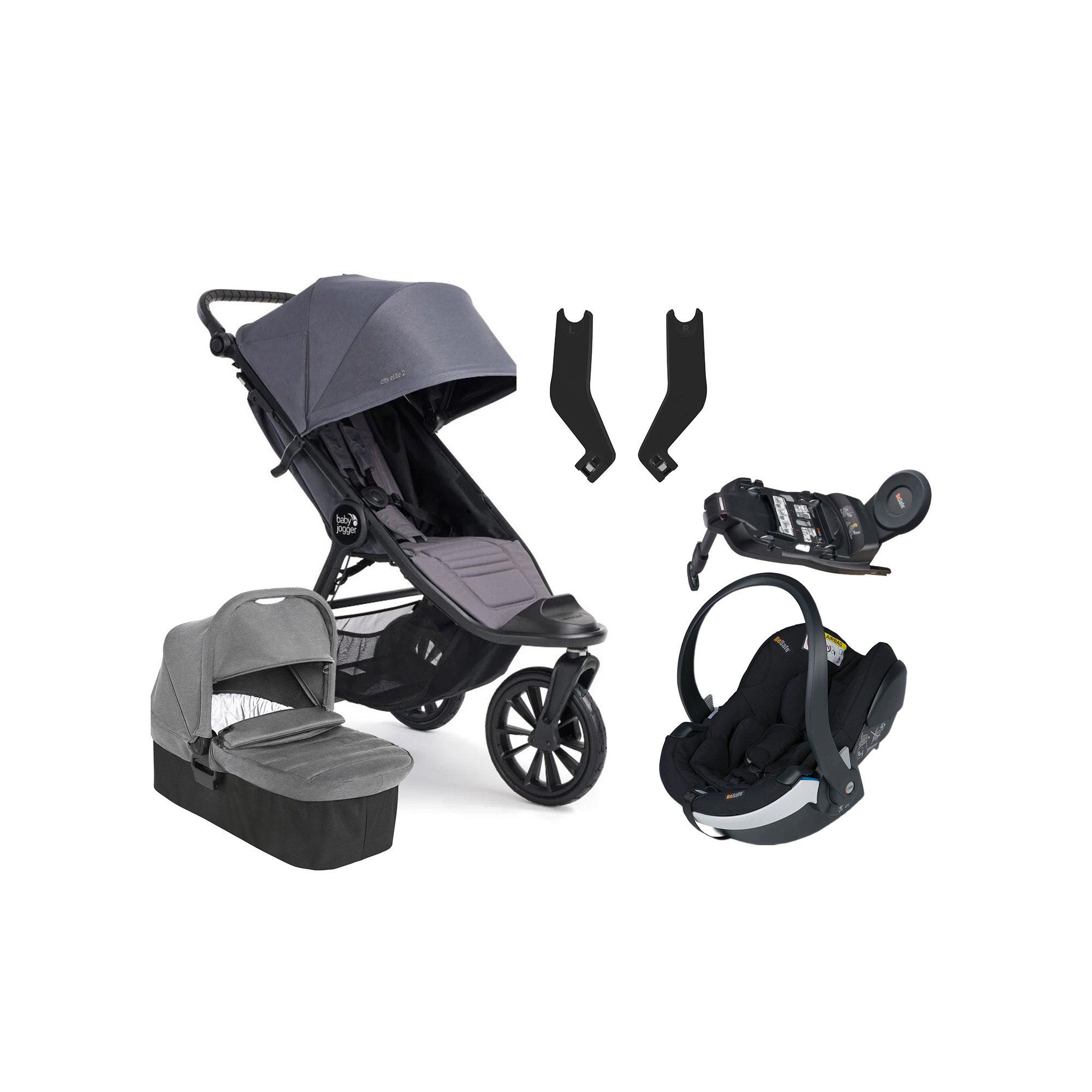 Baby Jogger City Elite 2 Duovagn inkl. BeSafe iZi Go Modular X2 &  Bas Stone Grey/Slate