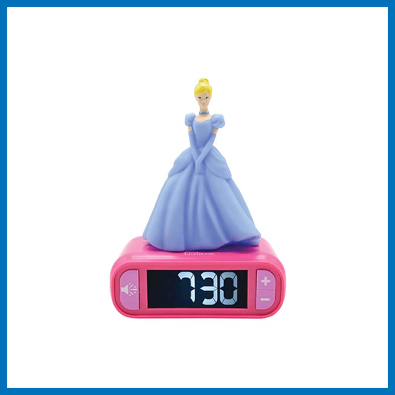 En väckarklocka med en prinsessfigur och texten '7:30'.