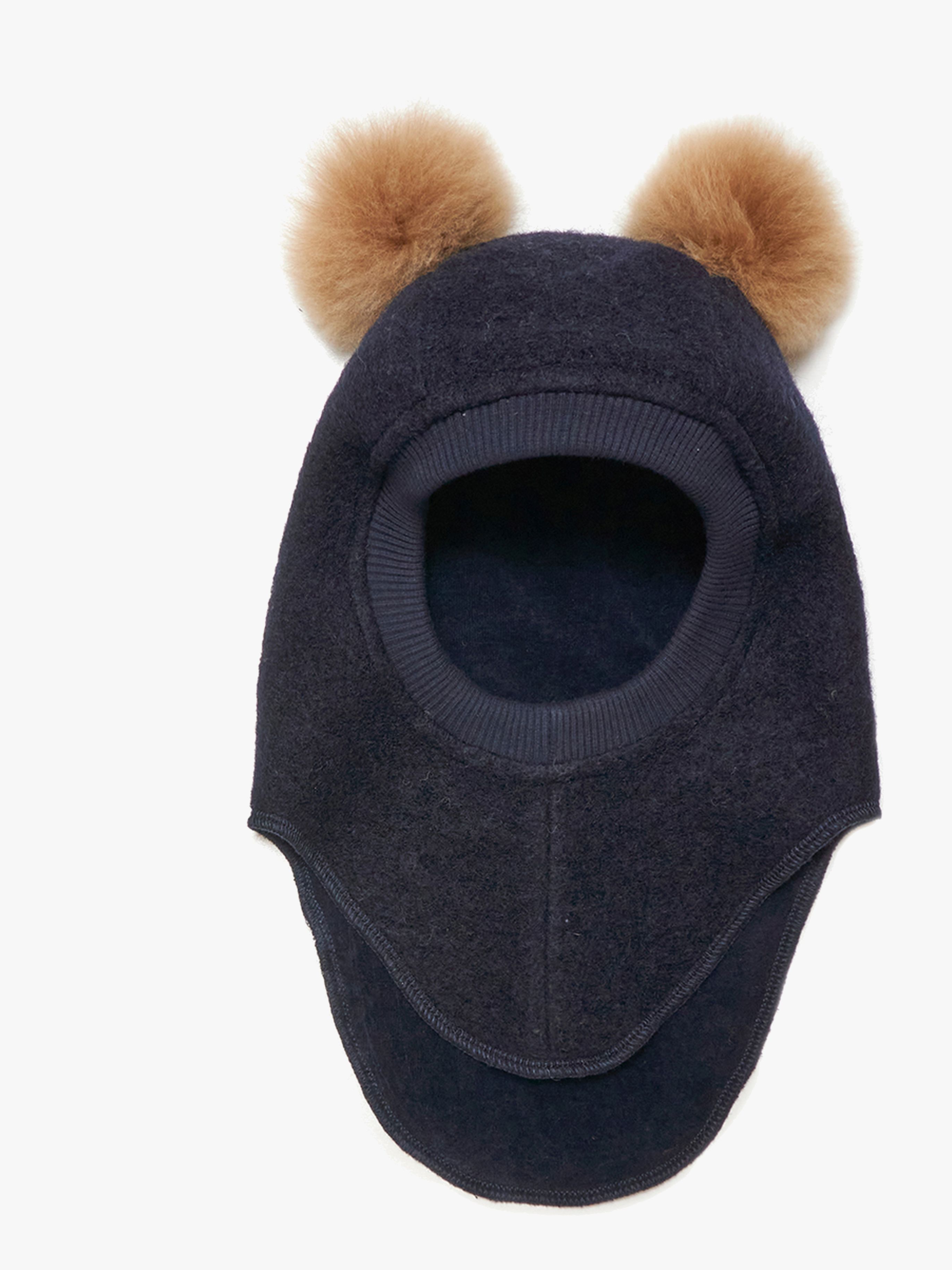 Huttelihut Balaklava Merinoull med Pompoms, Dark Navy, 48