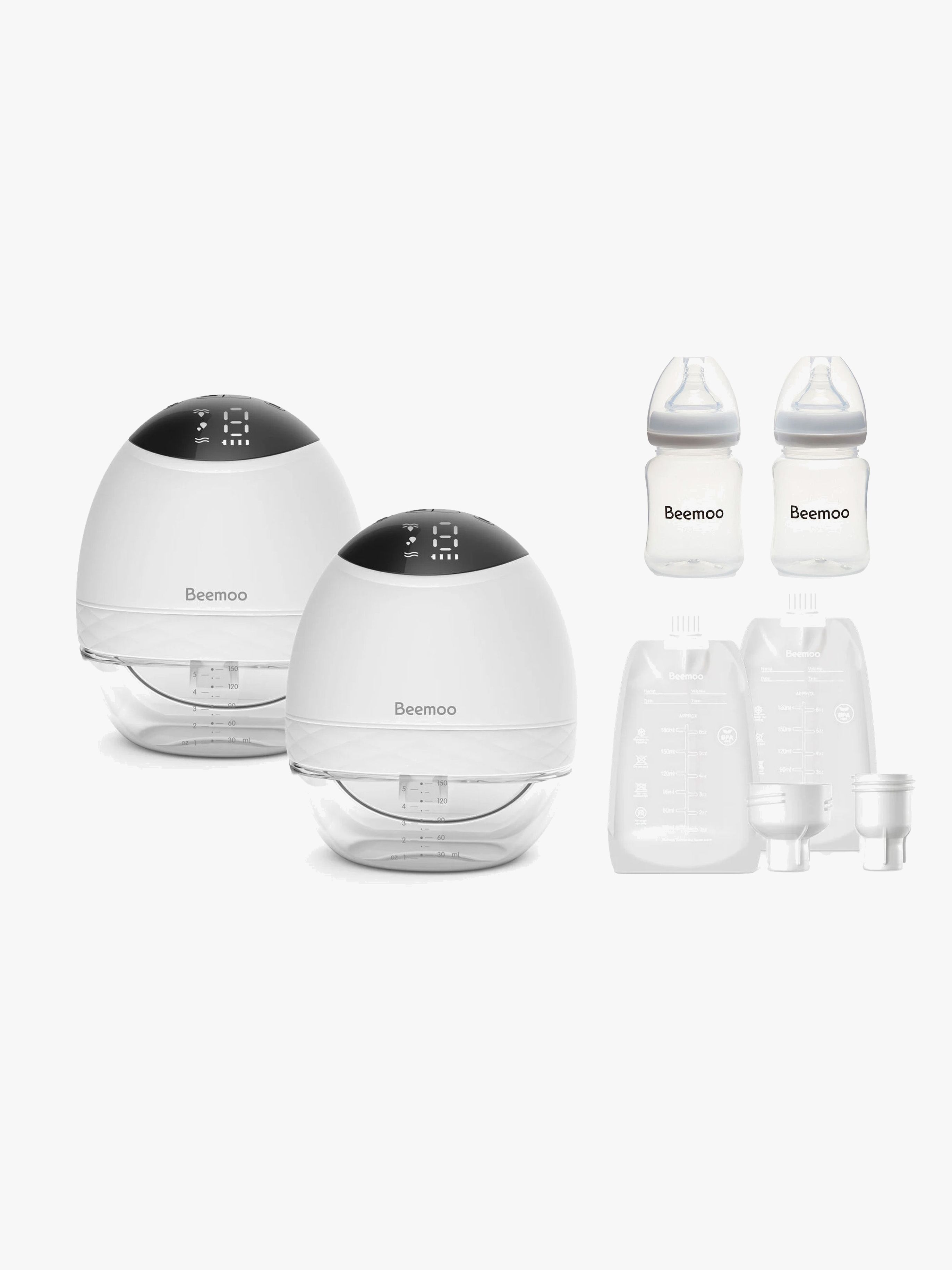 Beemoo CARE Wearable LED Elektrisk Bröstpump Inkl. Mjölkpåsar 30-pack &  Flaskor 2-pack