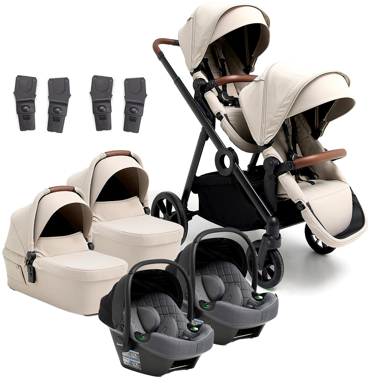 Beemoo Pro Multi 2 Tvillingvagn Inkl. Route i-Size Babyskydd, Latte Beige/Mineral Grey