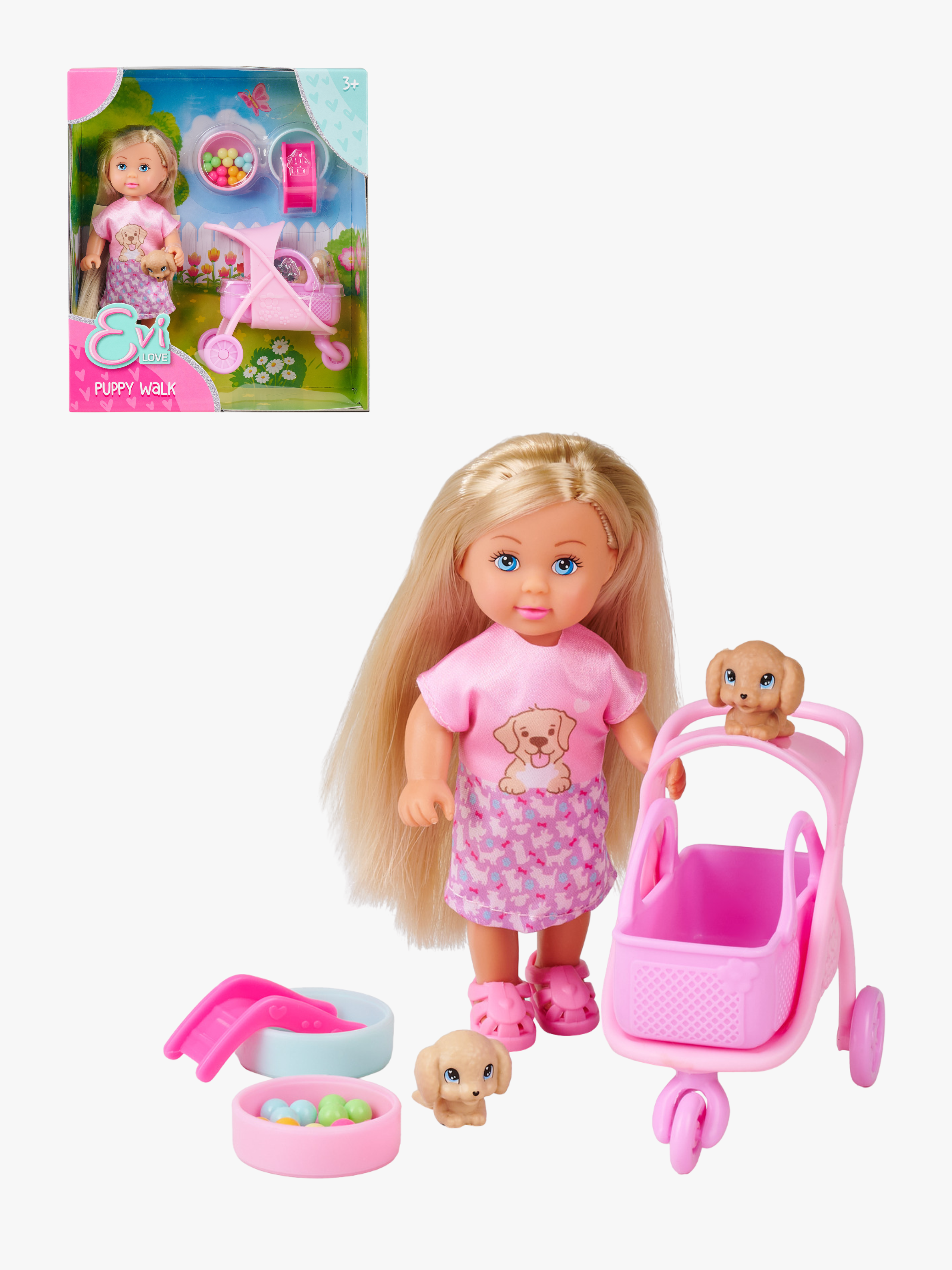 Evi Love Docka Hundvagn &  Valpar 12 cm, Rosa