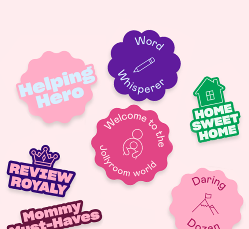 Färgade klistermärken med text som 'Helping Hero', 'Home Sweet Home'.