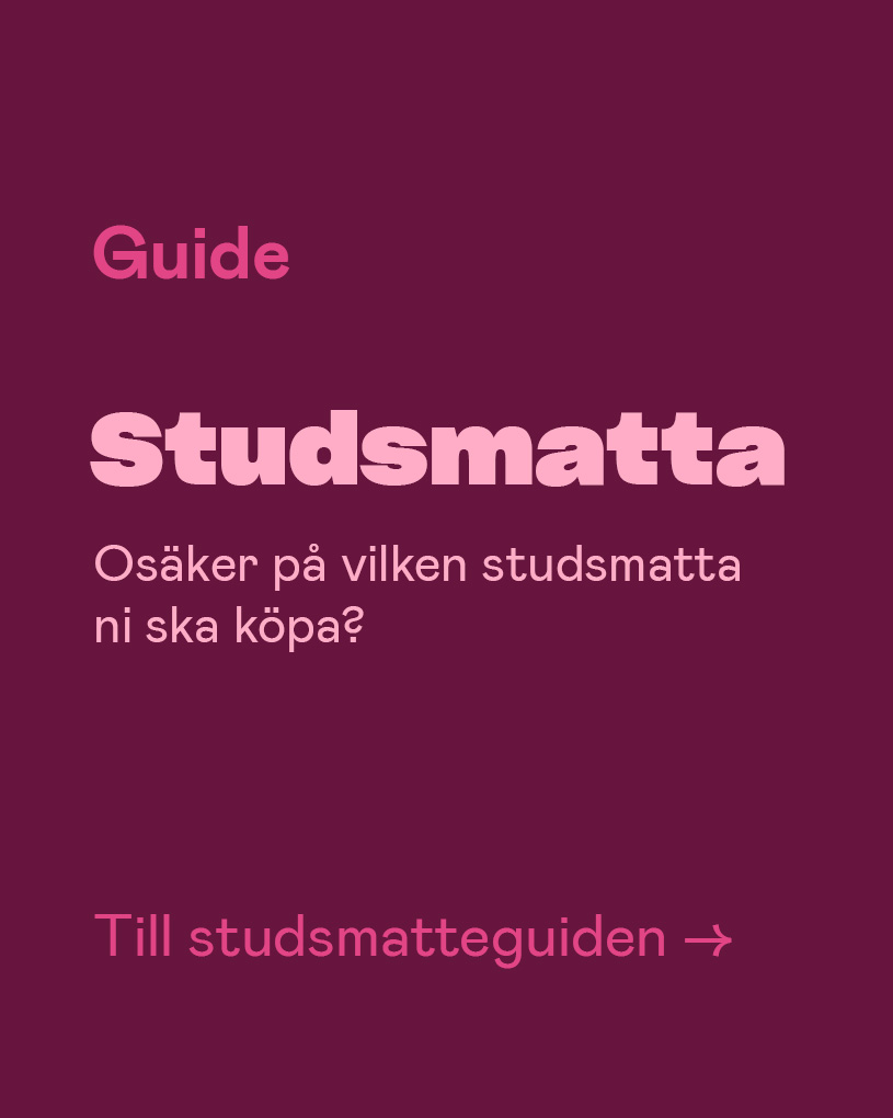 Text om guide för att köpa studsmatta på lila bakgrund.