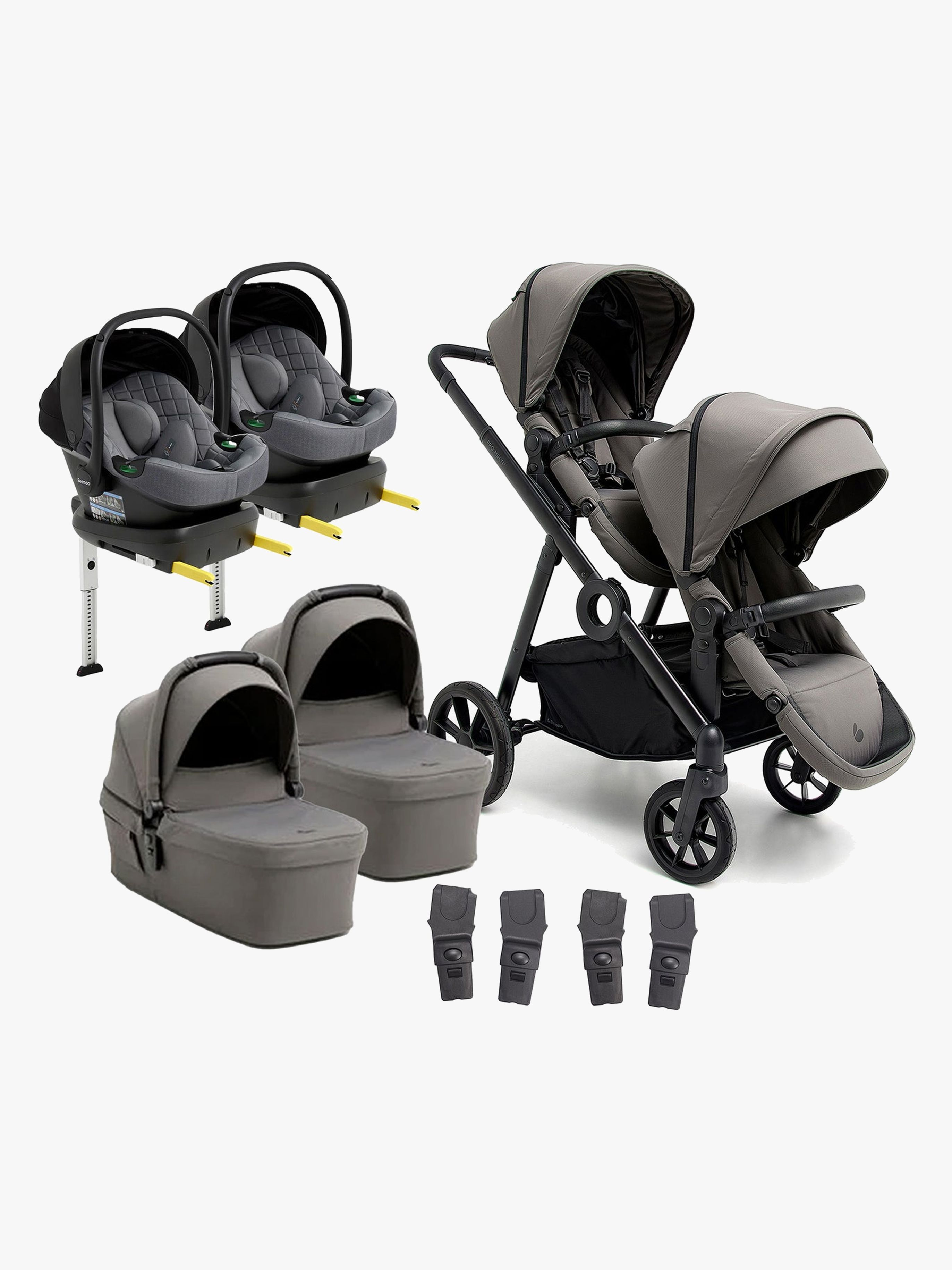 Beemoo Pro Multi 2 Tvillingvagn Inkl. Route i-Size Babyskydd &  Bas, Mocha Grey/Mineral Grey