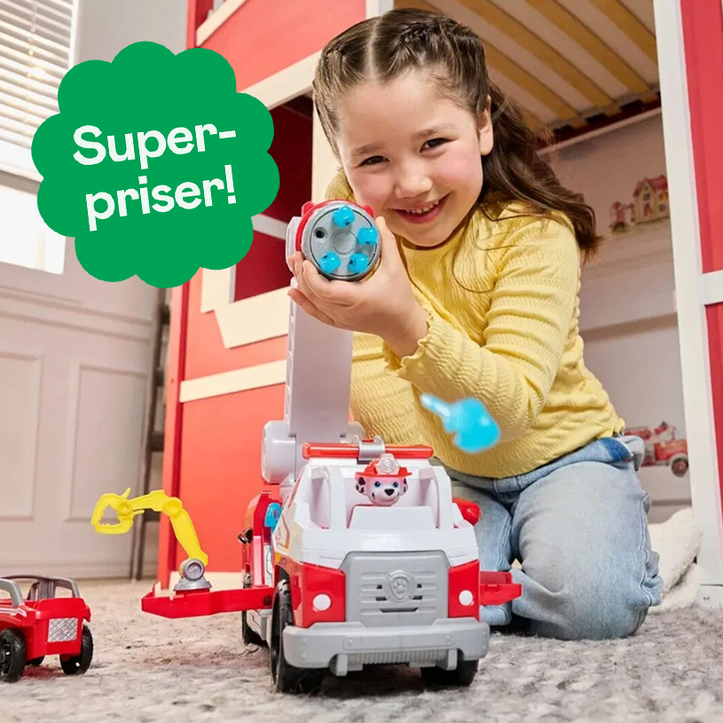 Barn leker med en Paw Patrol brandbil. Grön pratbubbla med texten ”Superpriser!”.