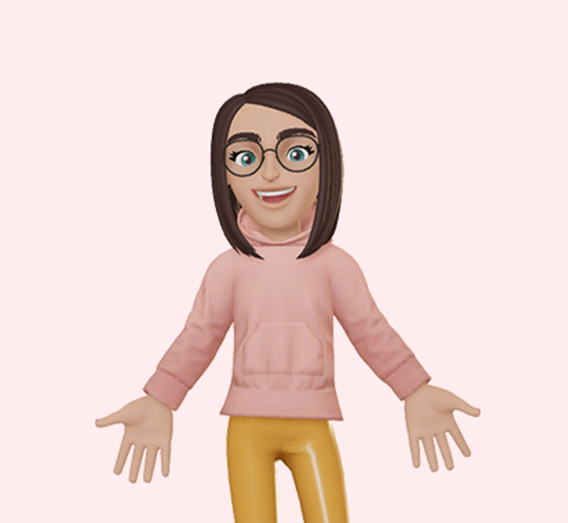 Tecknad figur i rosa tröja och gula byxor, med glasögon och mörkt hår.