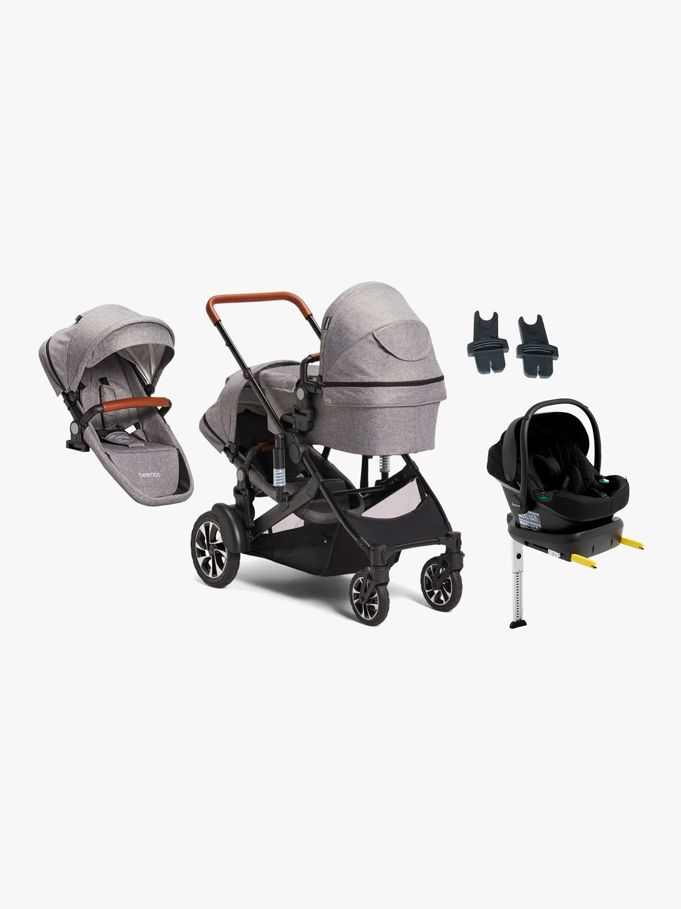 Beemoo Maxi 4 Twin Syskonvagn Inkl. Syskonsits &  Beemoo Route i-Size Babyskydd &  Bas, Grey/Black Stone