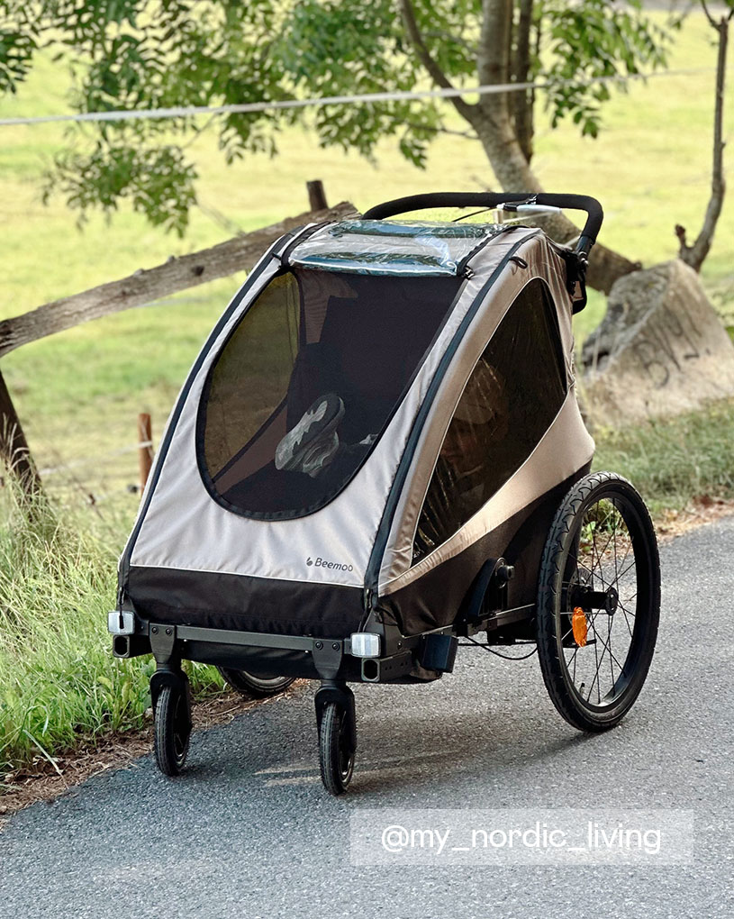 Kvinna i blå blus med barnvagn vid en vägg.