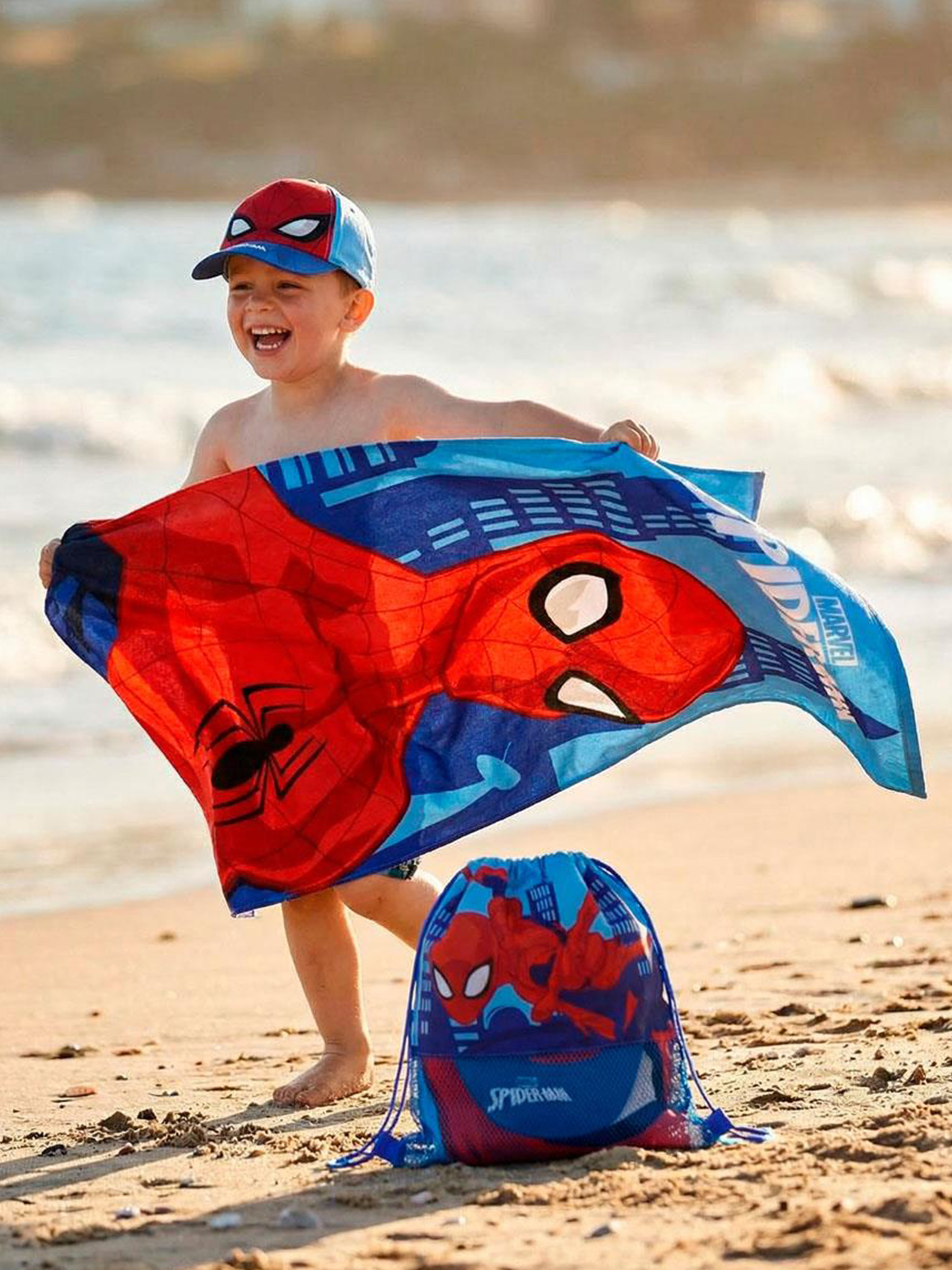 Marvel Spider-Man Strandset med Handduk Keps &  Gympapåse, Blå