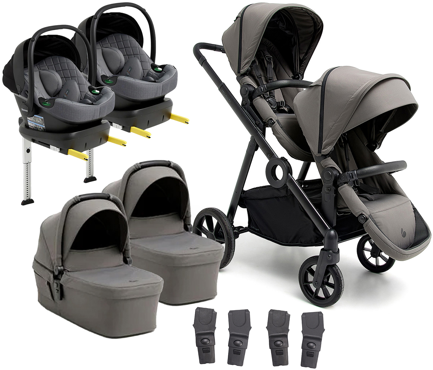 Beemoo Pro Multi 2 Tvillingvagn Inkl. Route i-Size Babyskydd &  Bas Mocha Grey/Mineral Grey