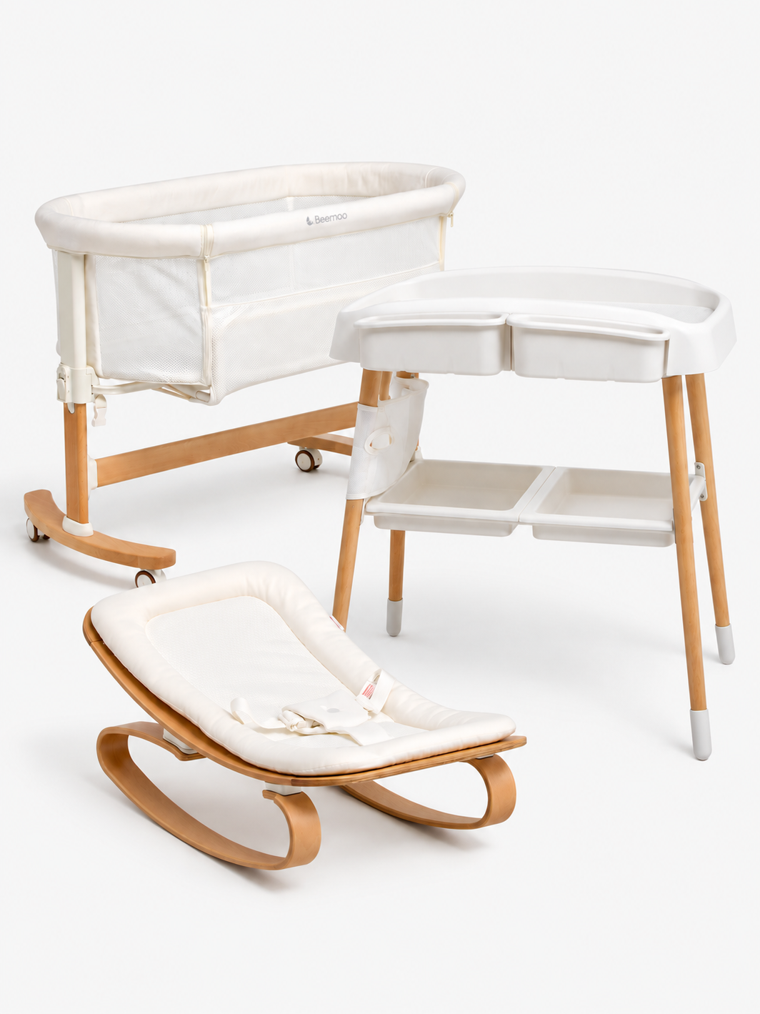 Beemoo Nordic Skötbord, Bedside Crib &  Babysitter, White/Wood