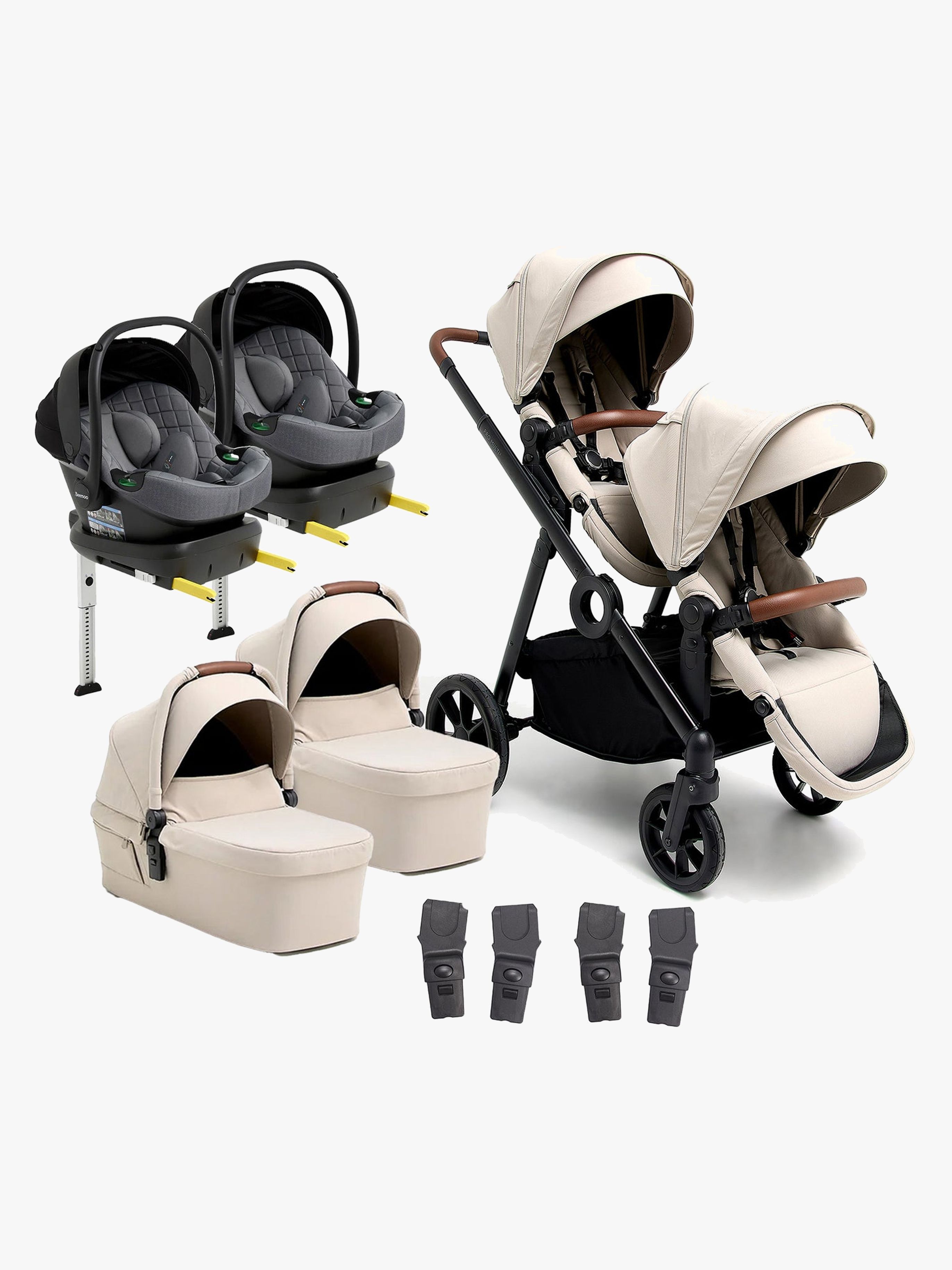 Beemoo Pro Multi 2 Tvillingvagn Inkl. Route i-Size Babyskydd &  Bas, Latte Beige/Mineral Grey