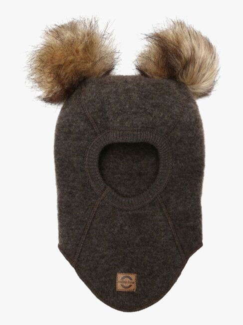 Mikk-Line Balaklava Merinoull med Pompoms, Dark Brown Melange