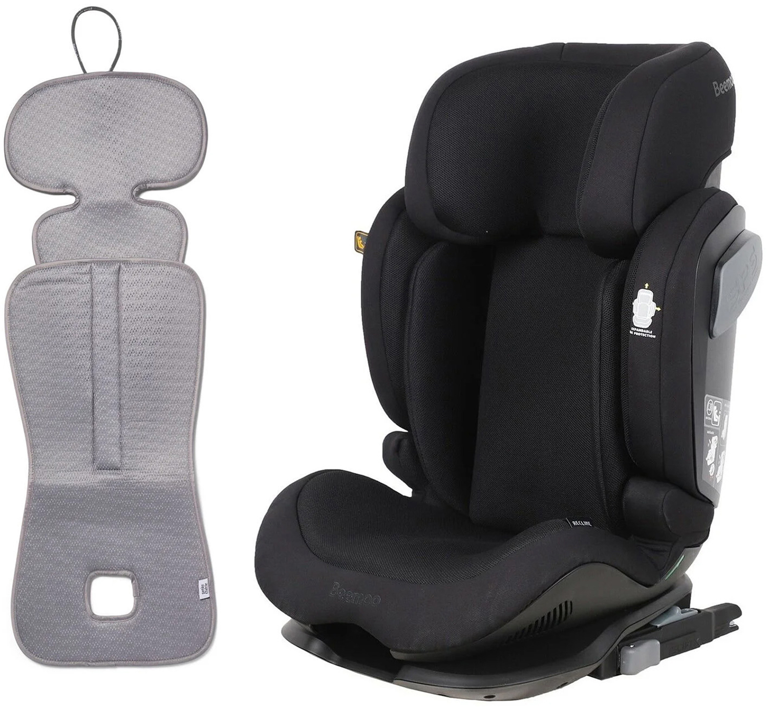 Beemoo Recline i-Size Bältesstol inkl. Ventilerande Dyna, Black Mesh/Grey