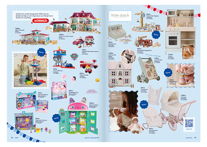 Uppslag med dockhus, leksakskök, barnvagn, dockor och Schleich-djur. Synliga texter: 'Schleich', 'Little Dutch'.