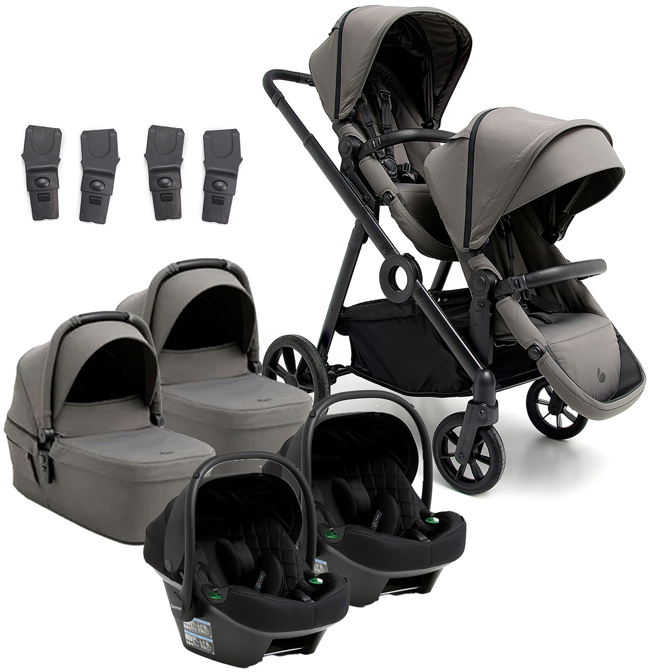 Beemoo Pro Multi 2 Tvillingvagn Inkl. Route i-Size Babyskydd, Mocha Grey/Black Stone