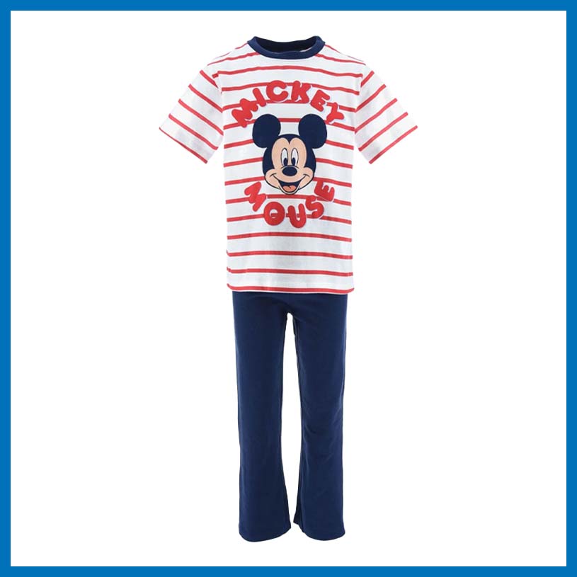 Barnkläder med randig T-shirt och byxor, med texten 'MICKEY MOUSE'.