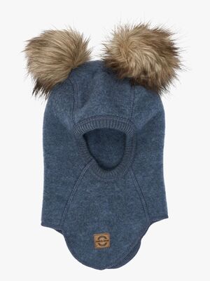 Mikk-Line Balaklava Merinoull Med Pompoms, Blue Melange