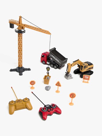 Alex's Garage Lekset med Radiostyrd Grävmaskin, Lastbil & Manuell Lyftkran 42 cm