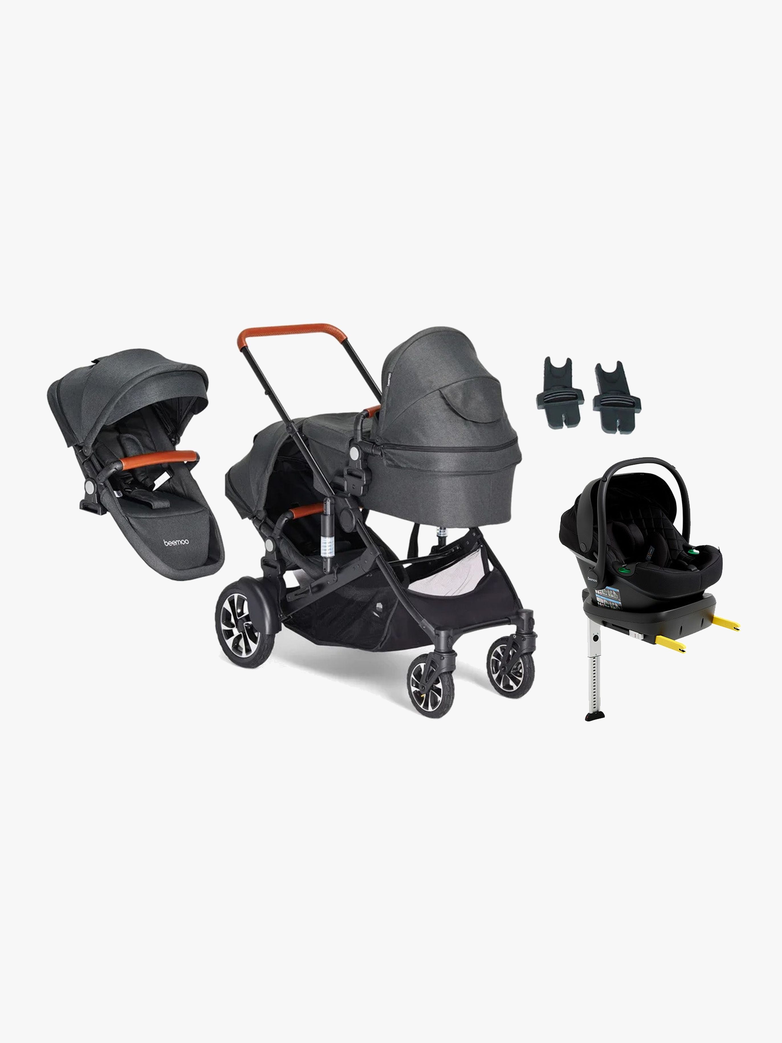 Beemoo Maxi 4 Twin Syskonvagn Inkl. Syskonsits &  Beemoo Route i-Size Babyskydd &  Bas, Black/Black Stone
