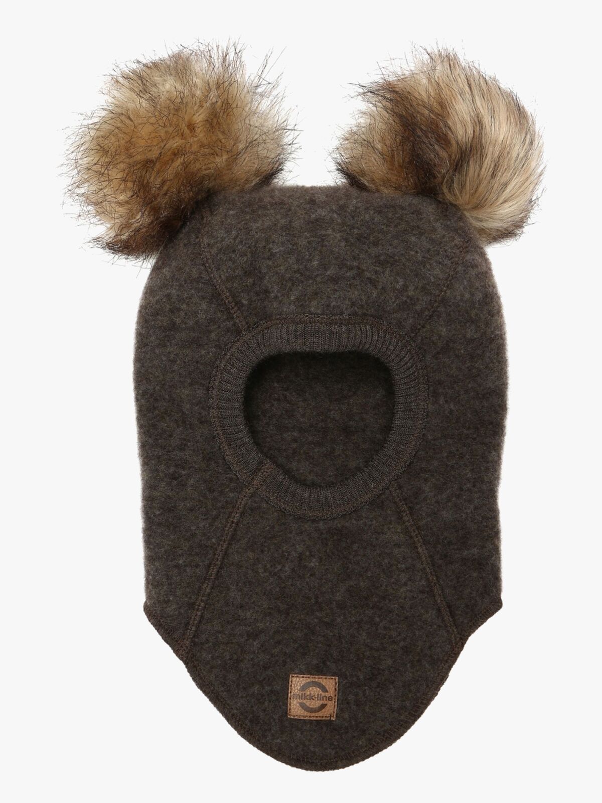 Mikk-Line Balaklava Merinoull med Pompoms, Dark Brown Melange