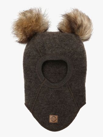 Mikk-Line Balaklava Merinoull med Pompoms, Dark Brown Melange