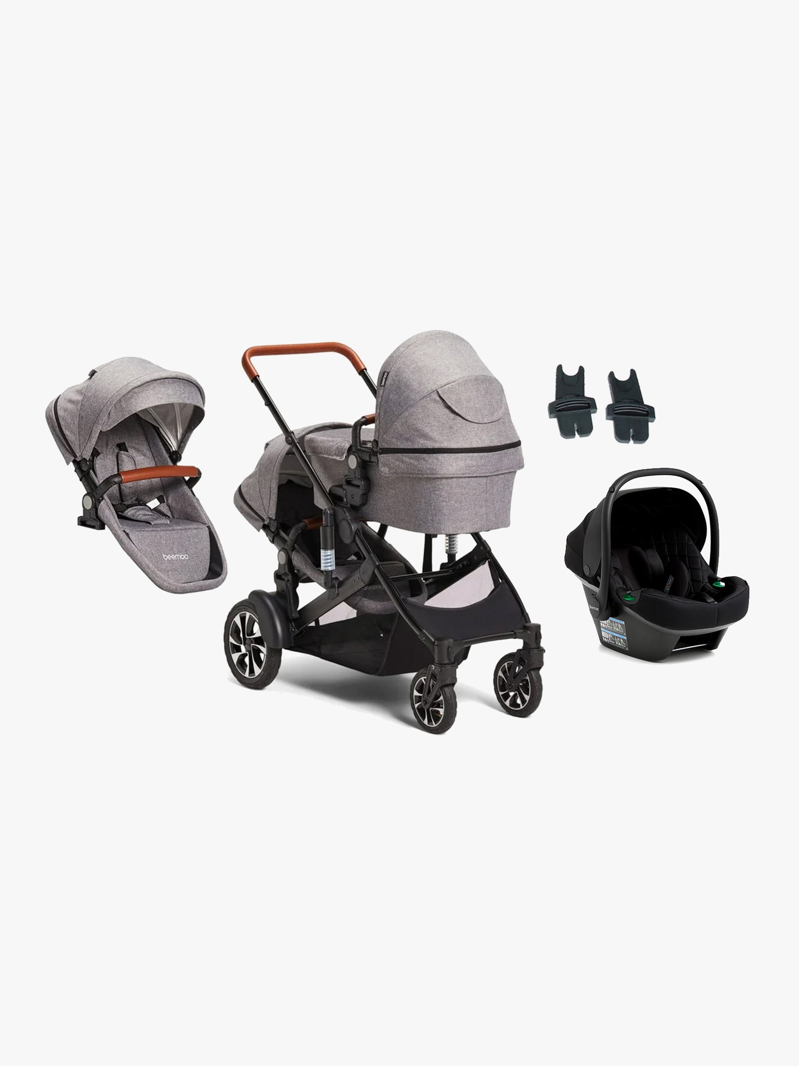 Beemoo Maxi 4 Twin Syskonvagn Inkl. Syskonsits &  Beemoo Route i-Size Babyskydd, Grey/Black Stone