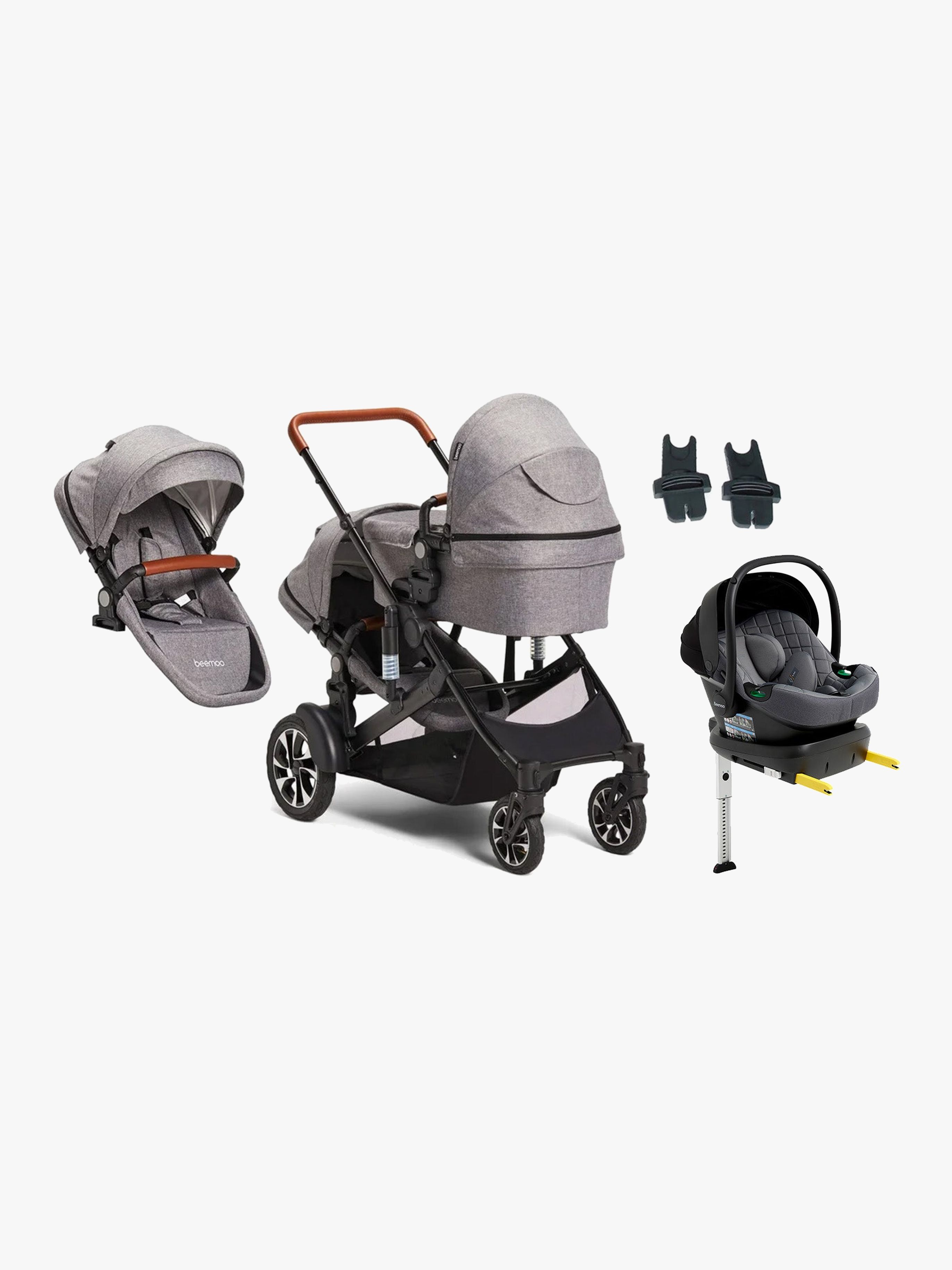 Beemoo Maxi 4 Twin Syskonvagn Inkl. Syskonsits &  Beemoo Route i-Size Babyskydd &  Bas, Grey/Mineral Grey
