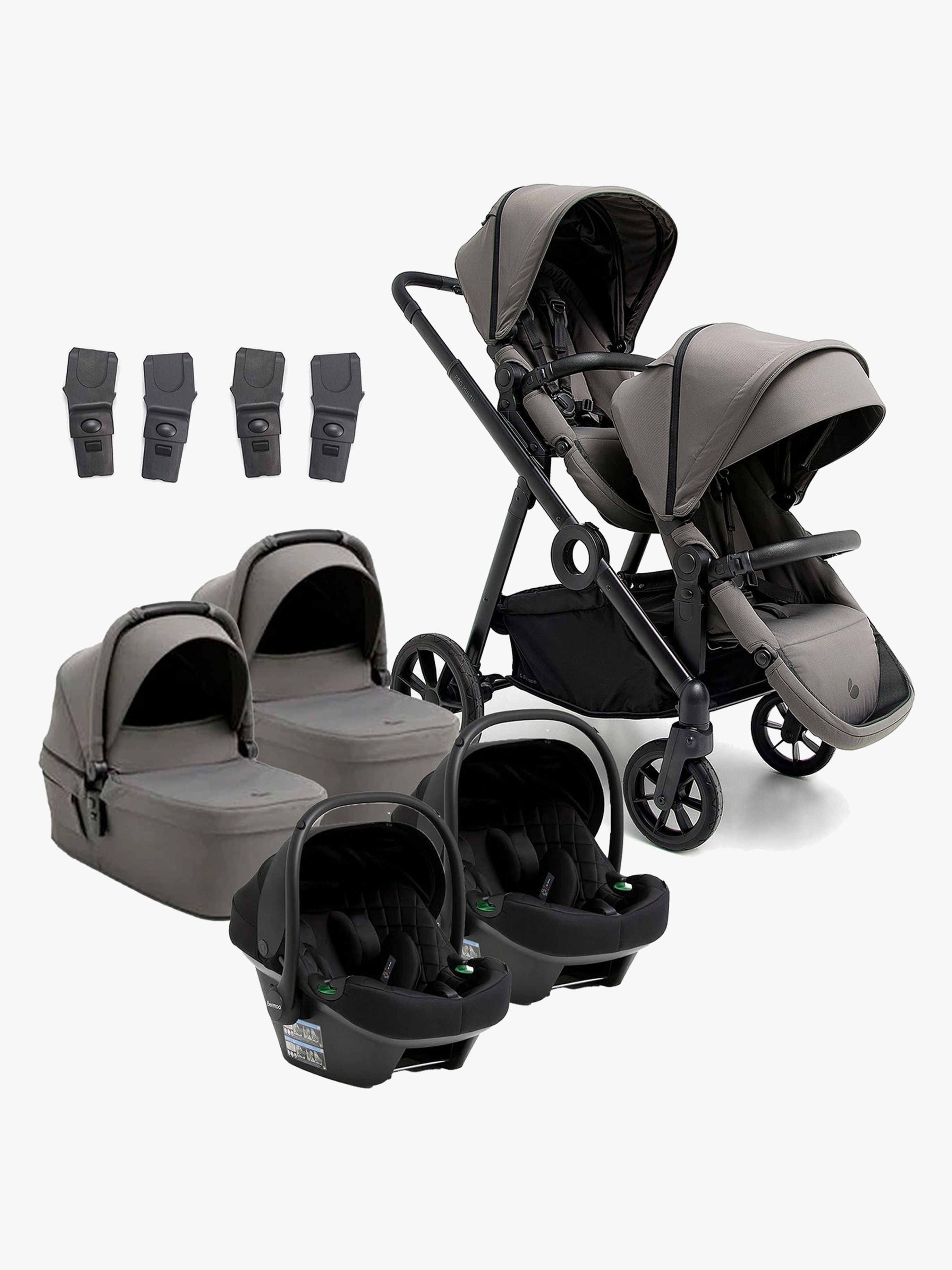 Beemoo Pro Multi 2 Tvillingvagn Inkl. Route i-Size Babyskydd, Mocha Grey/Black Stone