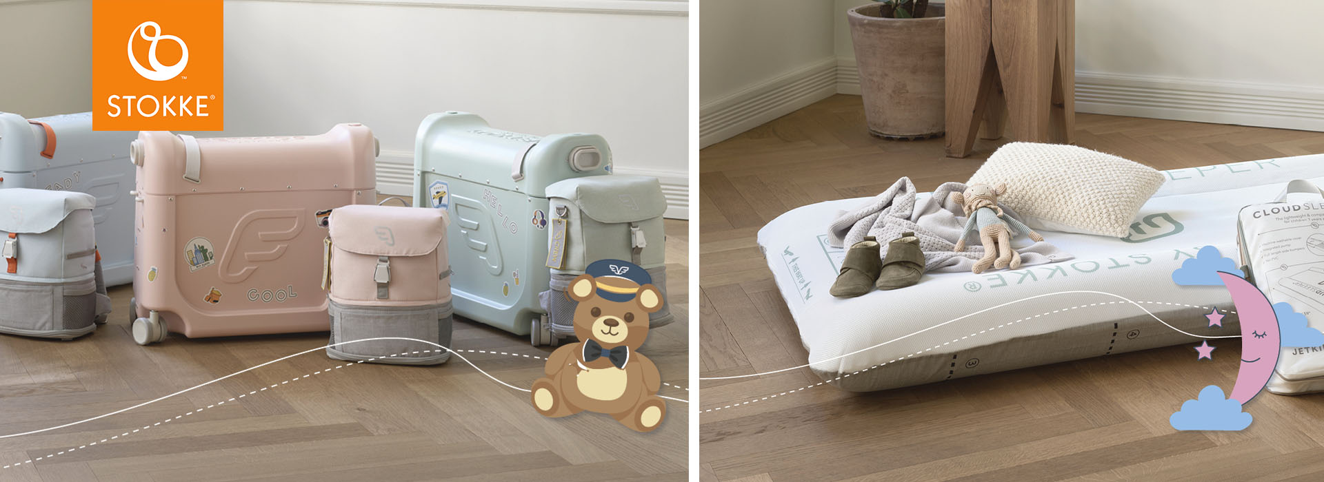 Tre Stokke-resväskor, en madrass med tofflor, filt och leksak på trägolv.