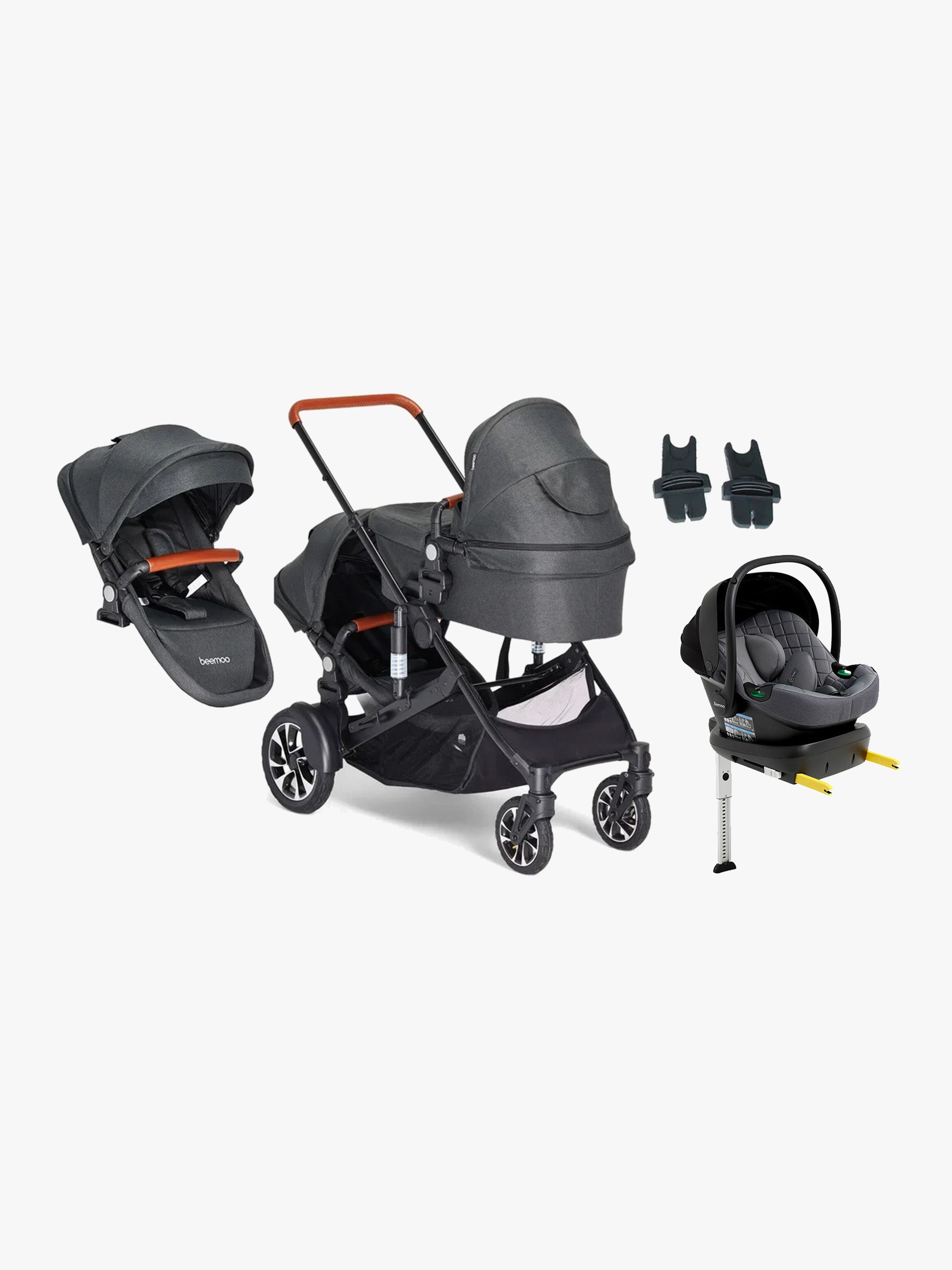 Beemoo Maxi 4 Twin Syskonvagn Inkl. Syskonsits &  Beemoo Route i-Size Babyskydd &  Bas, Black/Mineral Grey